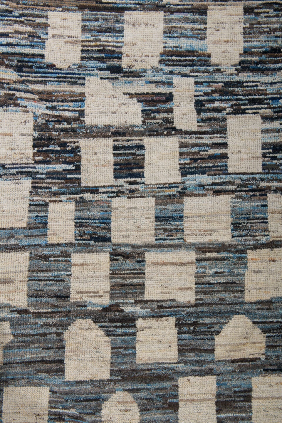 9' x 12' one-of-a-kind handmade vintage Tulu large size rug. Color palette: gray, ivory, charcoal, sky blue, cream, black