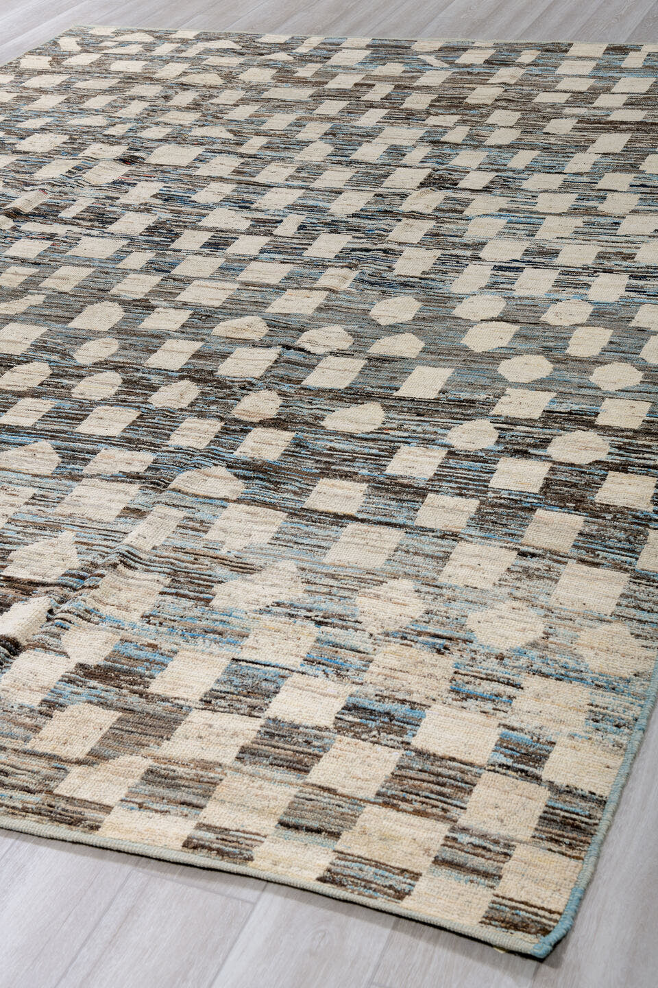 9' x 12' one-of-a-kind handmade vintage Tulu large size rug. Color palette: gray, ivory, charcoal, sky blue, cream, black