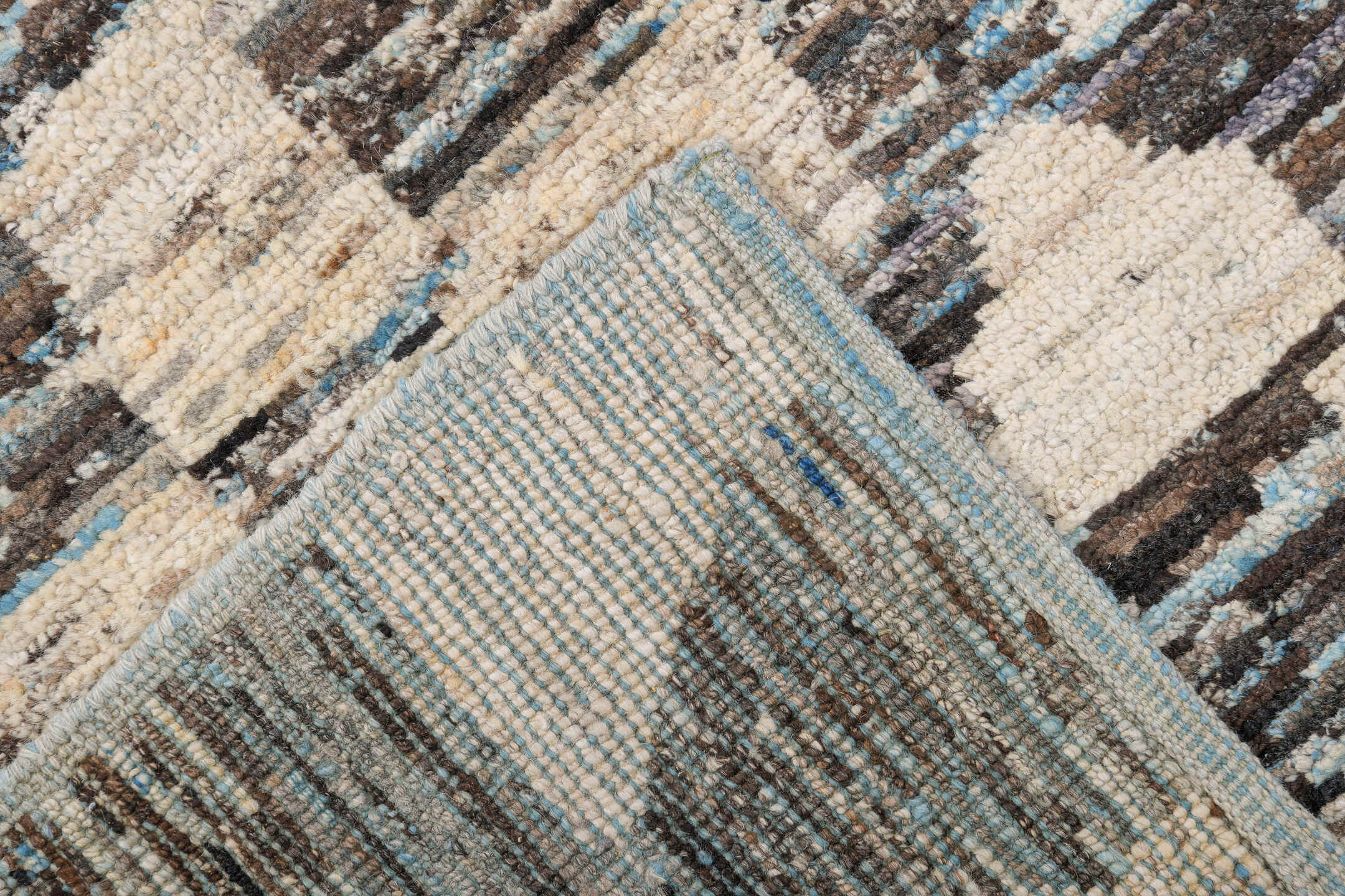 9' x 12' one-of-a-kind handmade vintage Tulu large size rug. Color palette: gray, ivory, charcoal, sky blue, cream, black