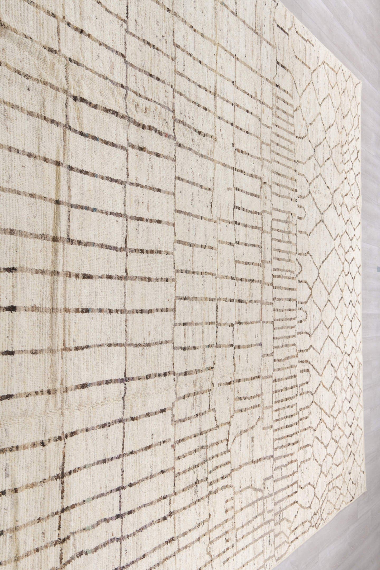10' x 14' one-of-a-kind handmade vintage Tulu large size rug. Color palette: ivory, charcoal, taupe, cream, brown, black