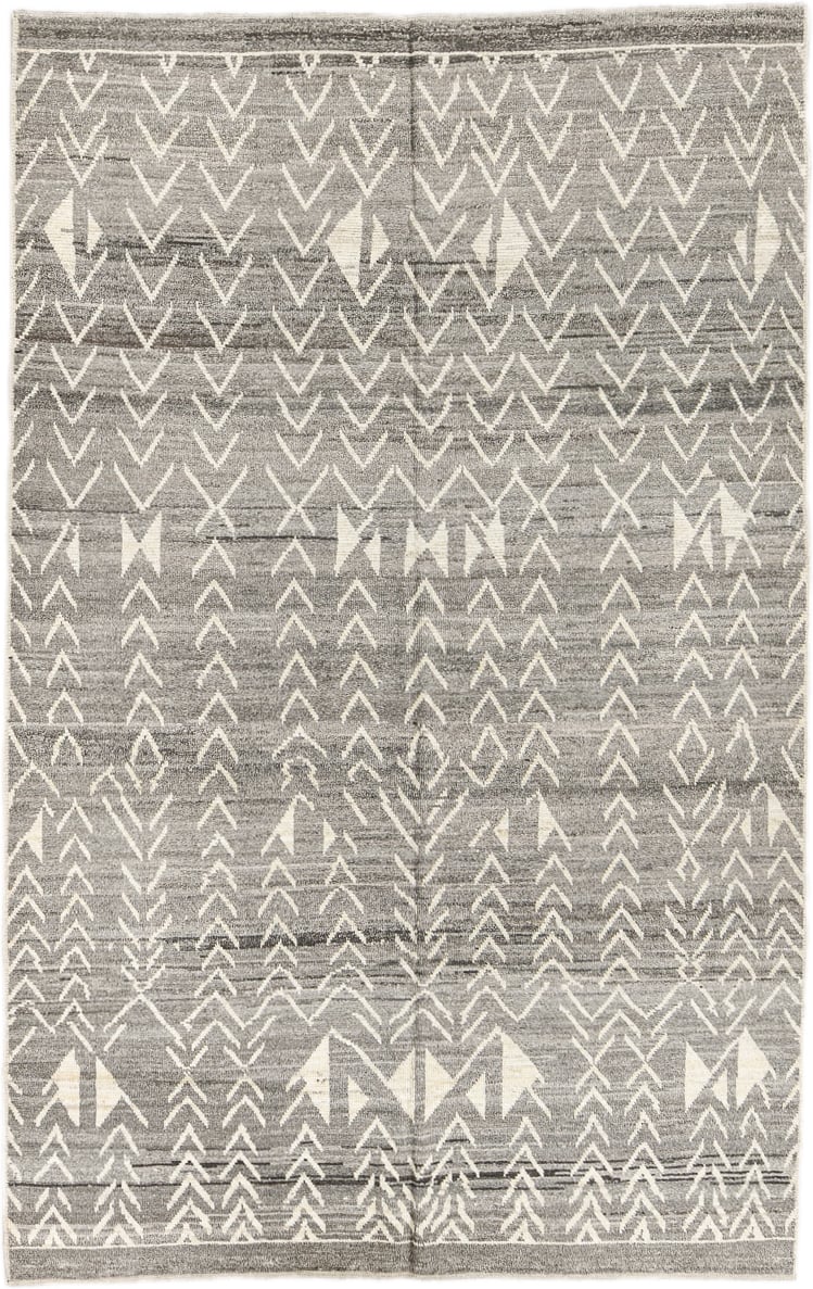 6' x 9' one-of-a-kind handmade vintage Tulu medium size rug. Color palette: gray, ivory, taupe, charcoal, beige, black
