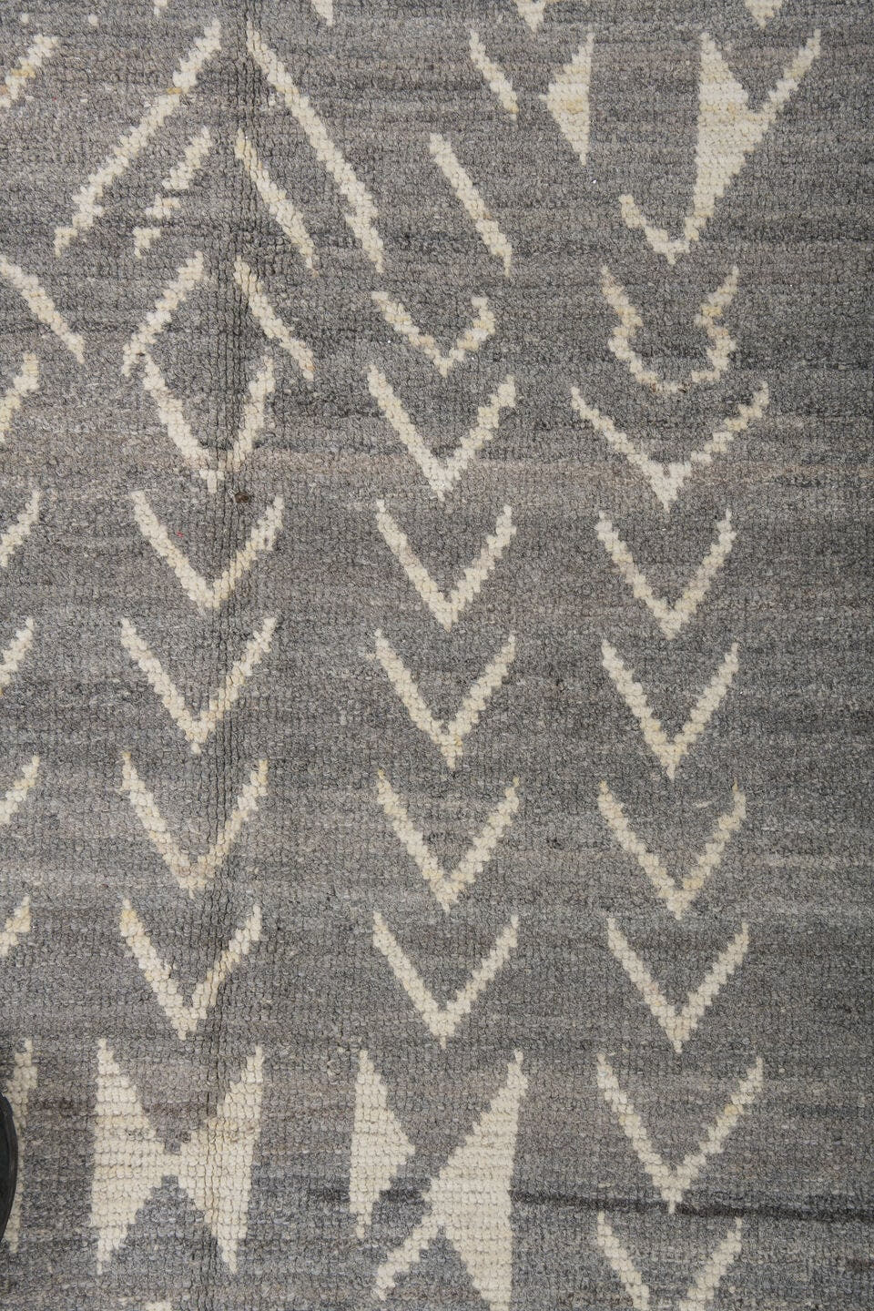 6' x 9' one-of-a-kind handmade vintage Tulu medium size rug. Color palette: gray, ivory, taupe, charcoal, beige, black