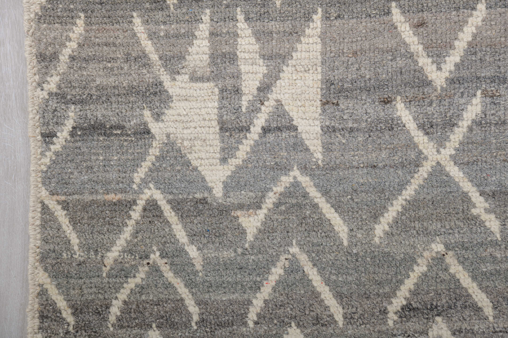 6' x 9' one-of-a-kind handmade vintage Tulu medium size rug. Color palette: gray, ivory, taupe, charcoal, beige, black