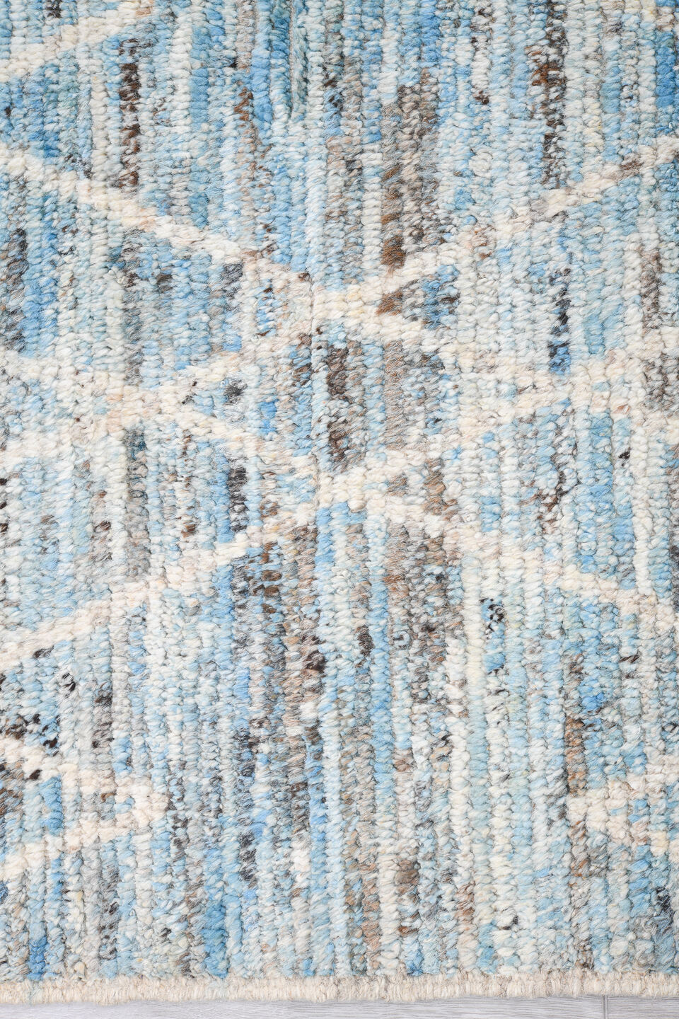 9' x 11' one-of-a-kind handmade vintage Tulu large size rug. Color palette: pale blue, ivory, sky blue, gray, light blue