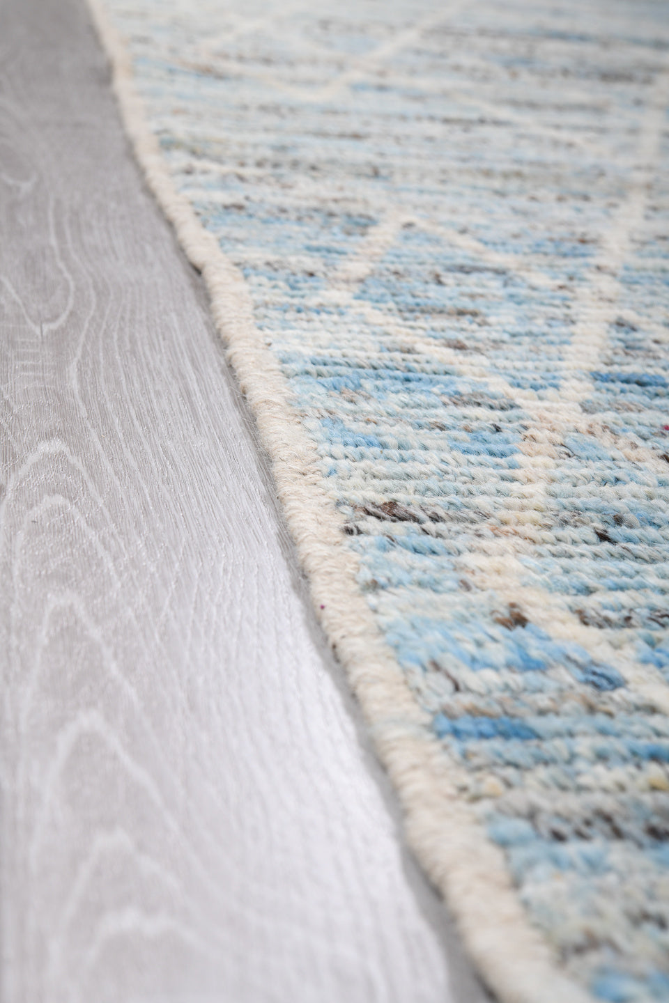 9' x 11' one-of-a-kind handmade vintage Tulu large size rug. Color palette: pale blue, ivory, sky blue, gray, light blue