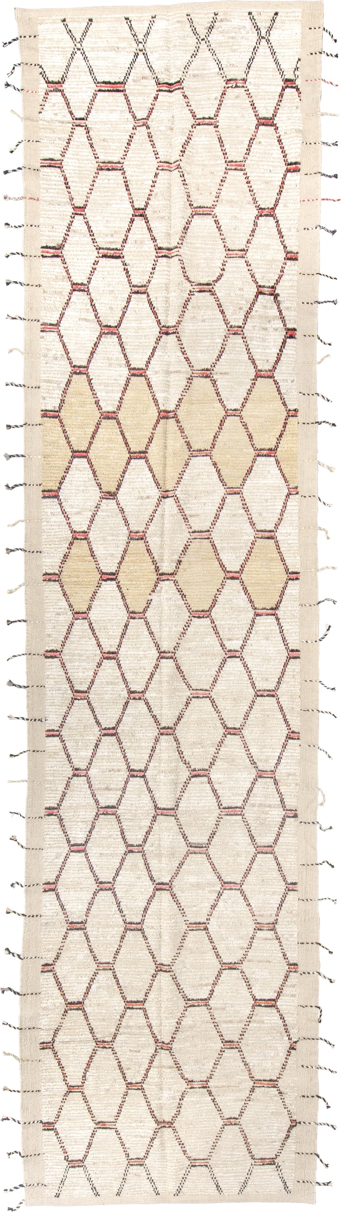 3' x 15' one-of-a-kind handmade vintage Tulu runner rug. Color palette: ivory, cream, charcoal, rose, taupe, camel, gray