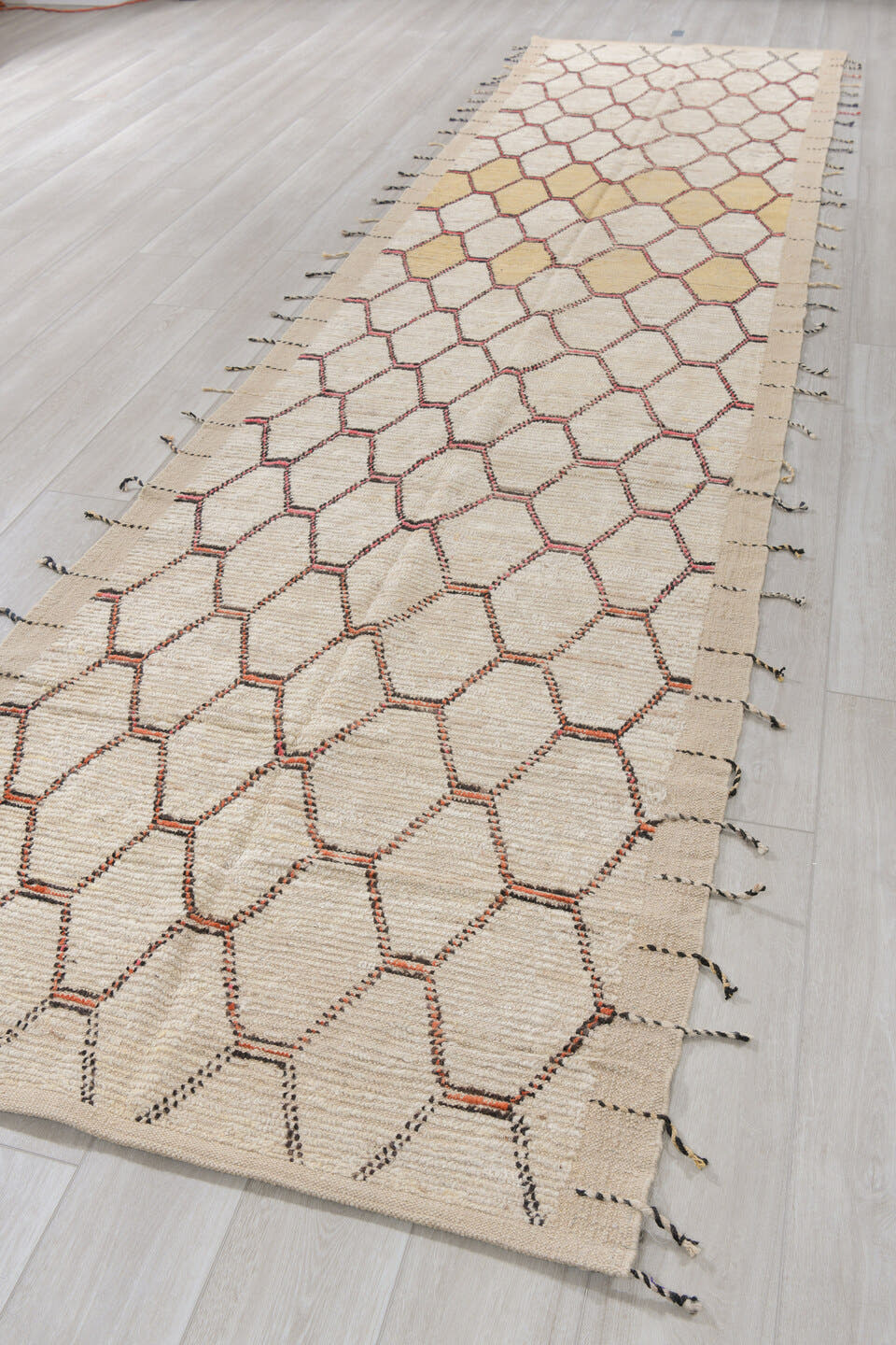 3' x 15' one-of-a-kind handmade vintage Tulu runner rug. Color palette: ivory, cream, charcoal, rose, taupe, camel, gray