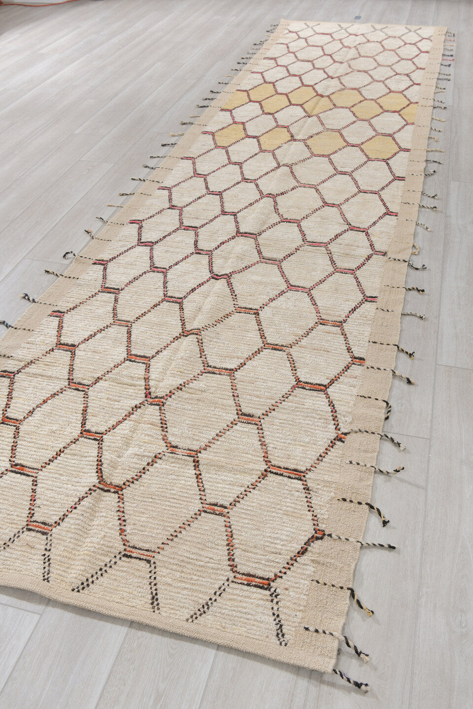 3' x 15' one-of-a-kind handmade vintage Tulu runner rug. Color palette: ivory, cream, charcoal, rose, taupe, camel, gray