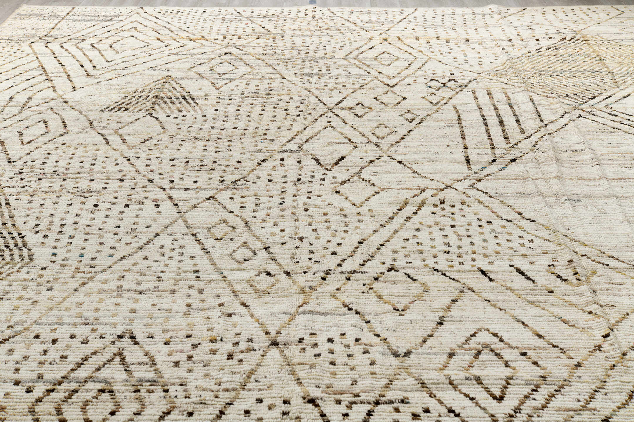 12' x 18' one-of-a-kind handmade vintage Tulu oversize rug. Color palette: beige, black, brown, gainsboro, gray, light gray