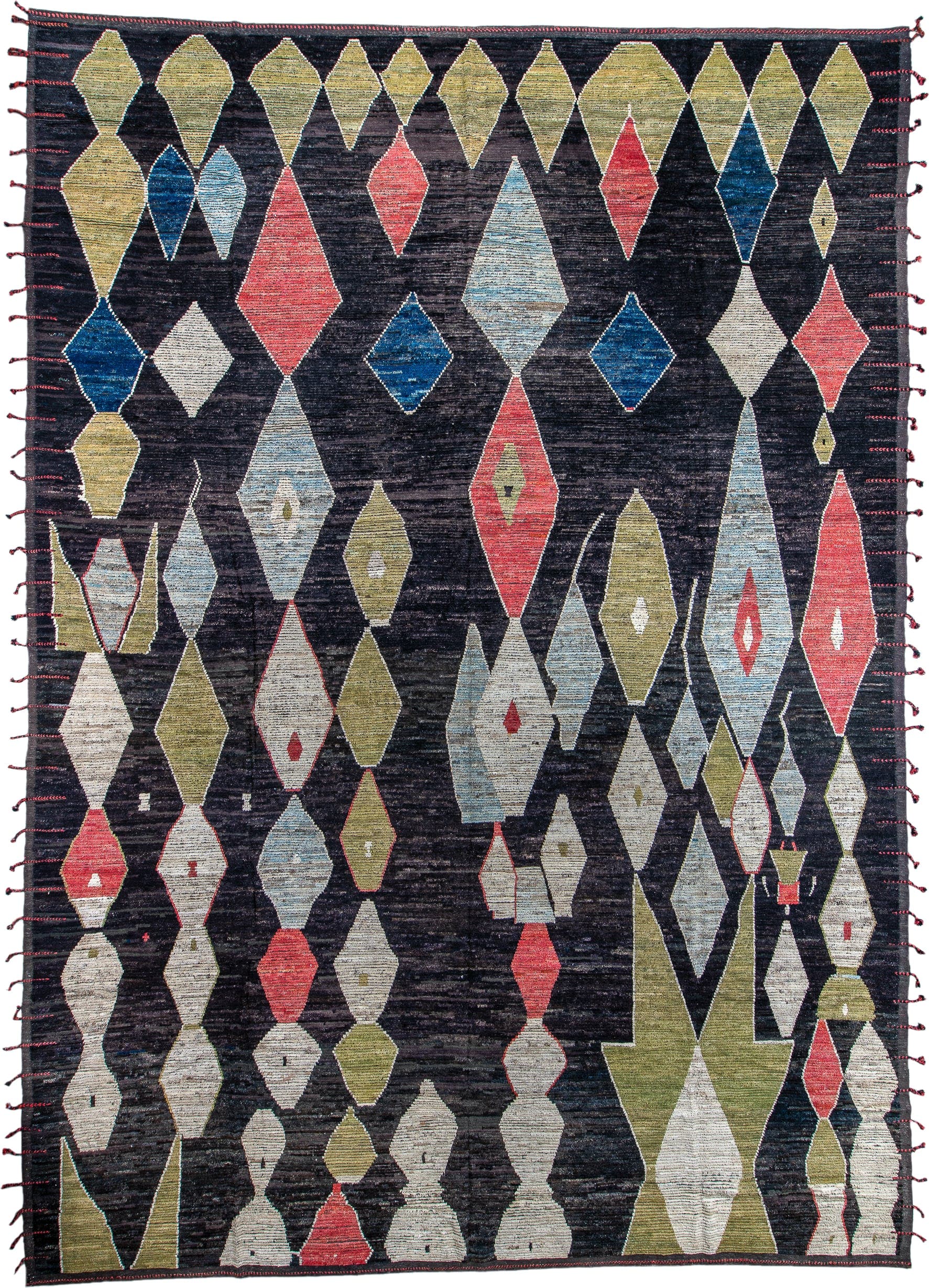 14' x 19' one-of-a-kind handmade vintage Tulu oversize rug. Color palette: charcoal, ivory, olive, sky_blue, coral, navy