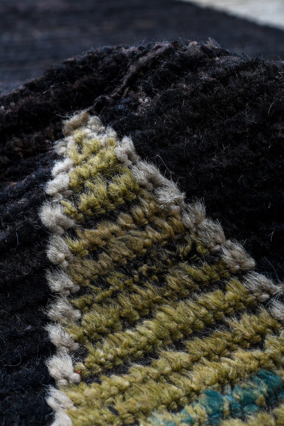 14' x 19' one-of-a-kind handmade vintage Tulu oversize rug. Color palette: charcoal, ivory, olive, sky_blue, coral, navy