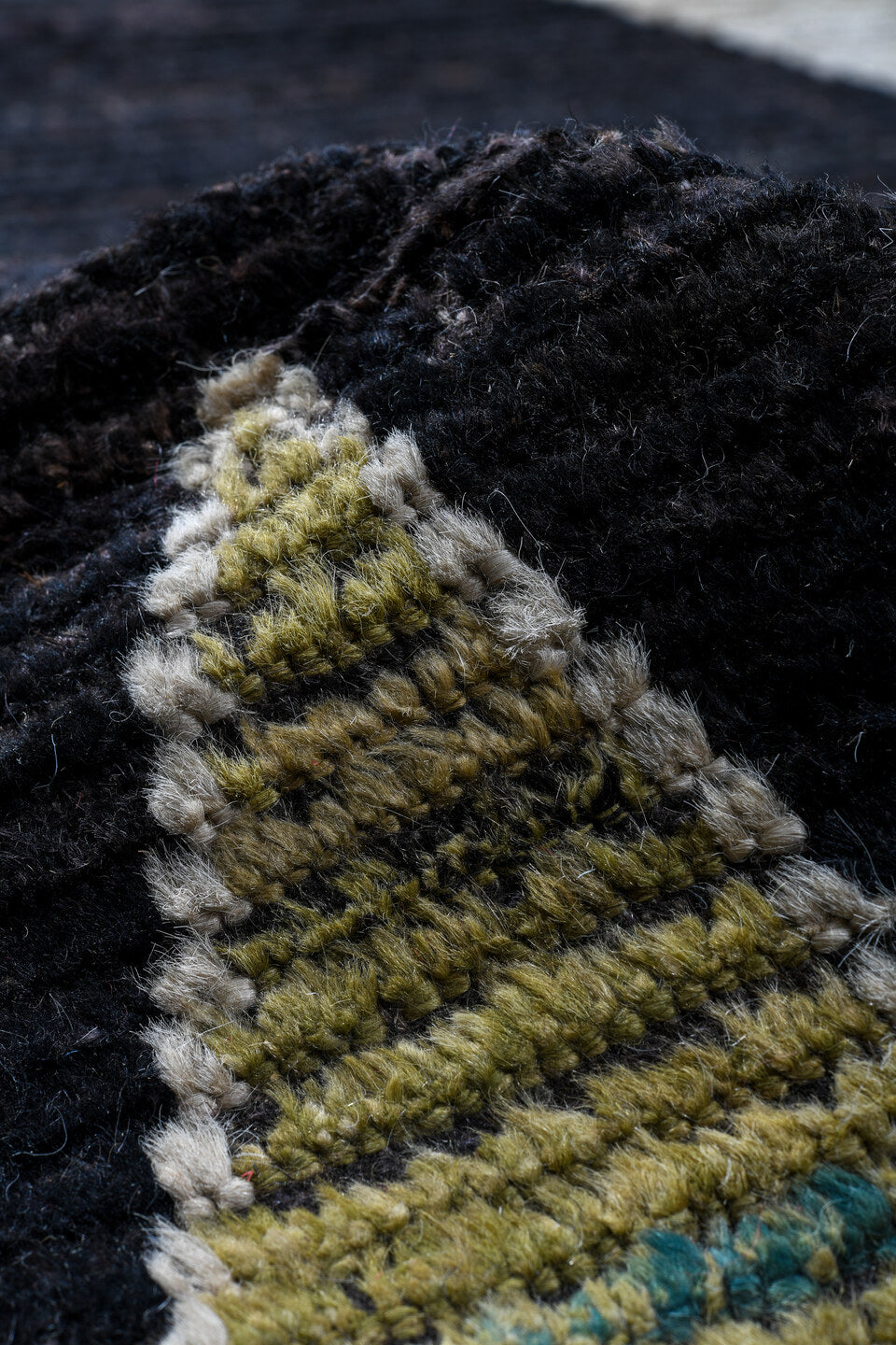 14' x 19' one-of-a-kind handmade vintage Tulu oversize rug. Color palette: black, blue, brown, gainsboro, gray, light gray