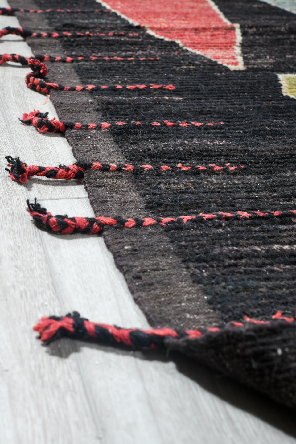 14' x 19' one-of-a-kind handmade vintage Tulu oversize rug. Color palette: charcoal, ivory, olive, sky_blue, coral, navy