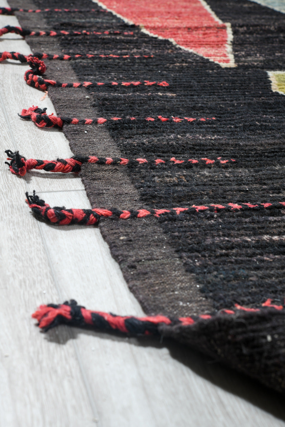14' x 19' one-of-a-kind handmade vintage Tulu oversize rug. Color palette: charcoal, ivory, olive, sky_blue, coral, navy