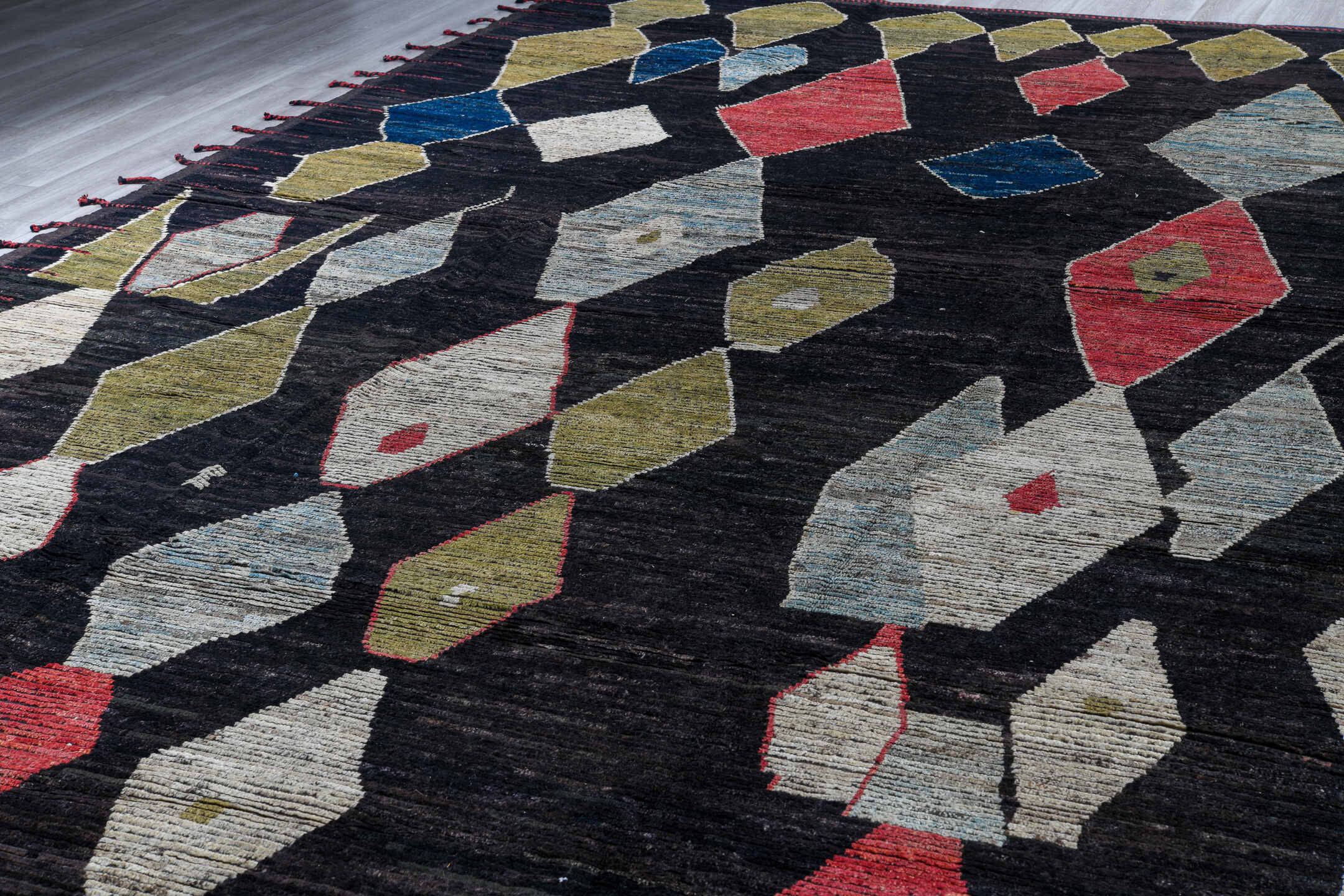 14' x 19' one-of-a-kind handmade vintage Tulu oversize rug. Color palette: black, blue, brown, gainsboro, gray, light gray