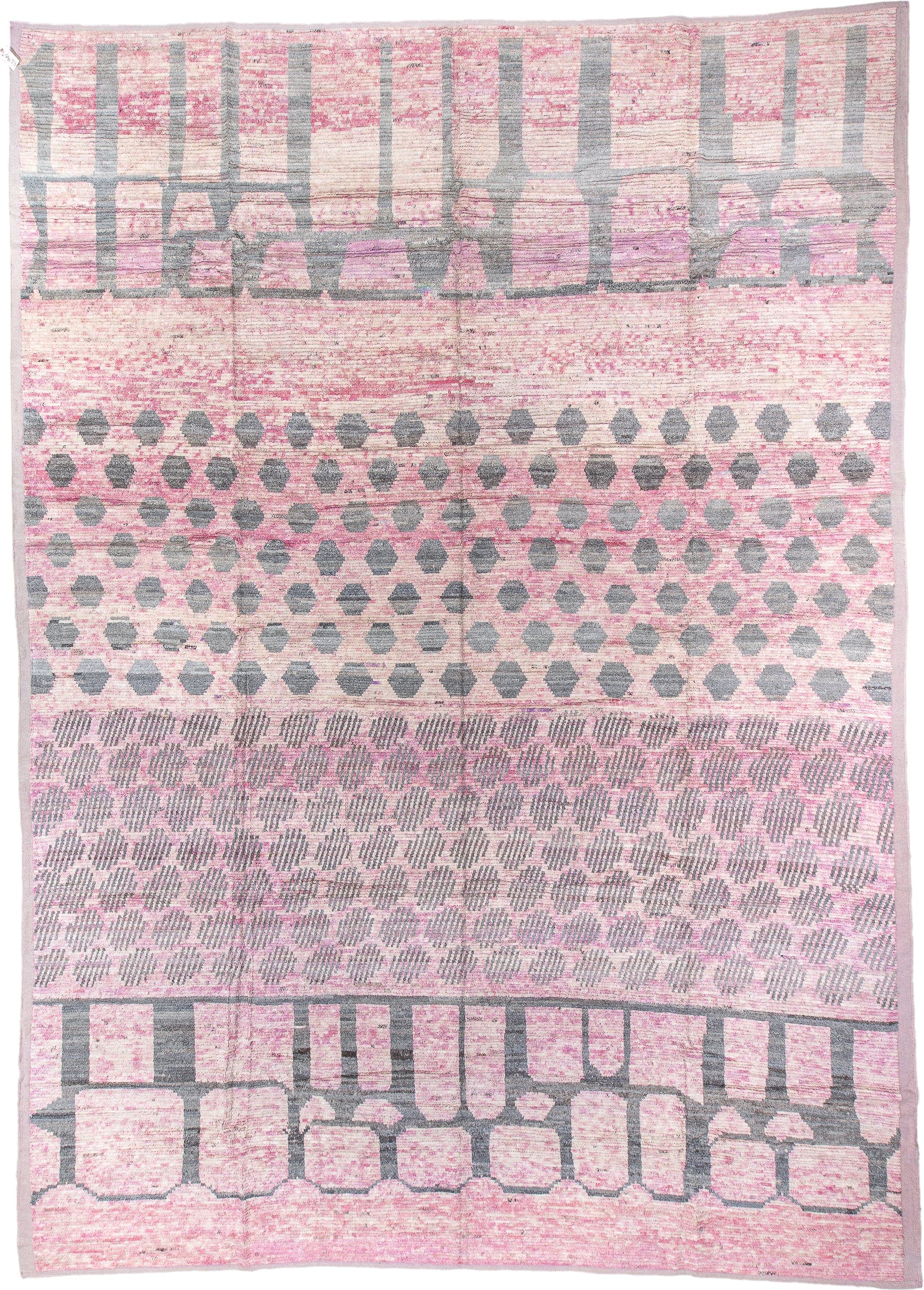 14' x 19' one-of-a-kind handmade vintage Tulu oversize rug. Color palette: pink, ivory, gray, rose, taupe, red, beige