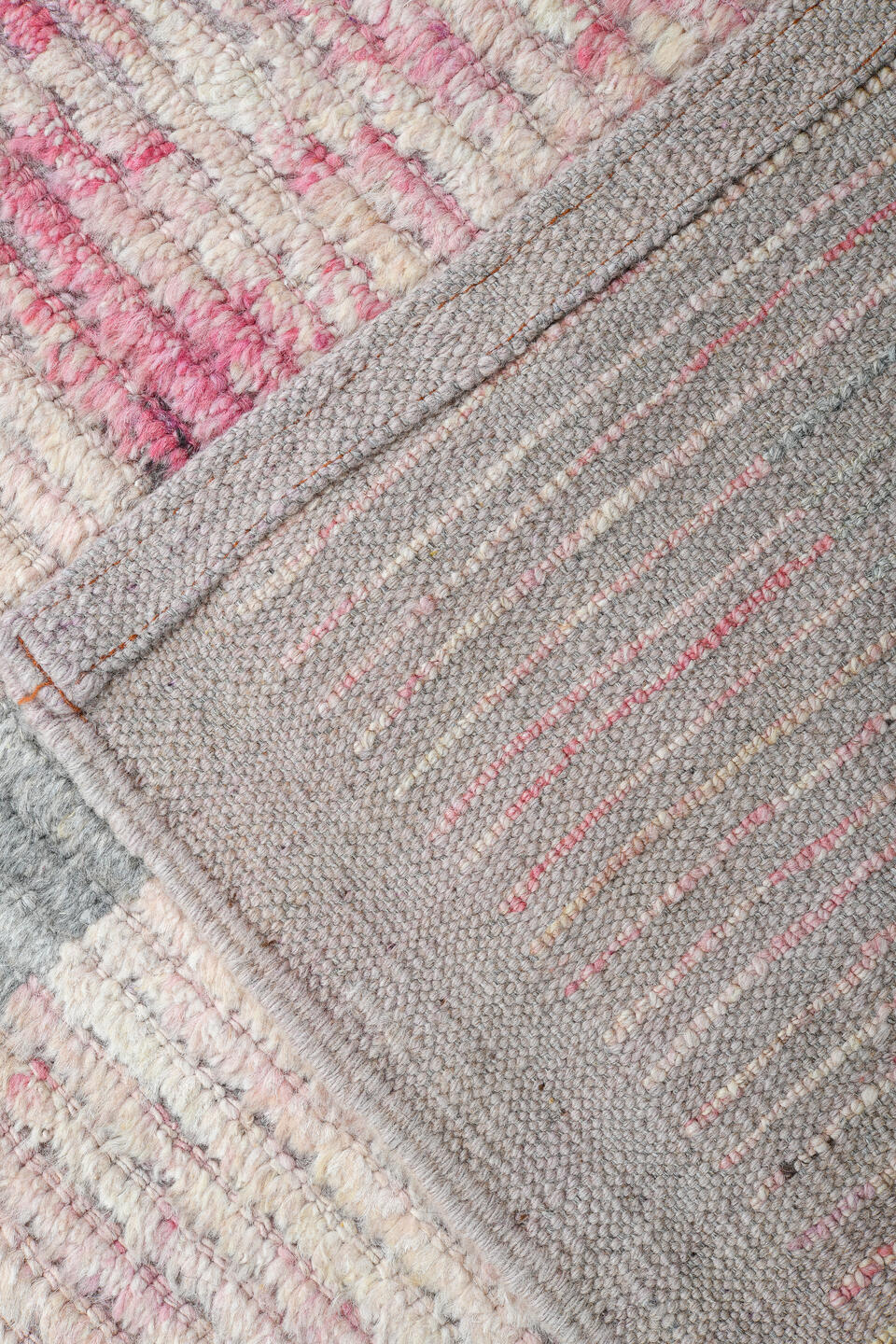 14' x 19' one-of-a-kind handmade vintage Tulu oversize rug. Color palette: pink, ivory, gray, rose, taupe, red, beige