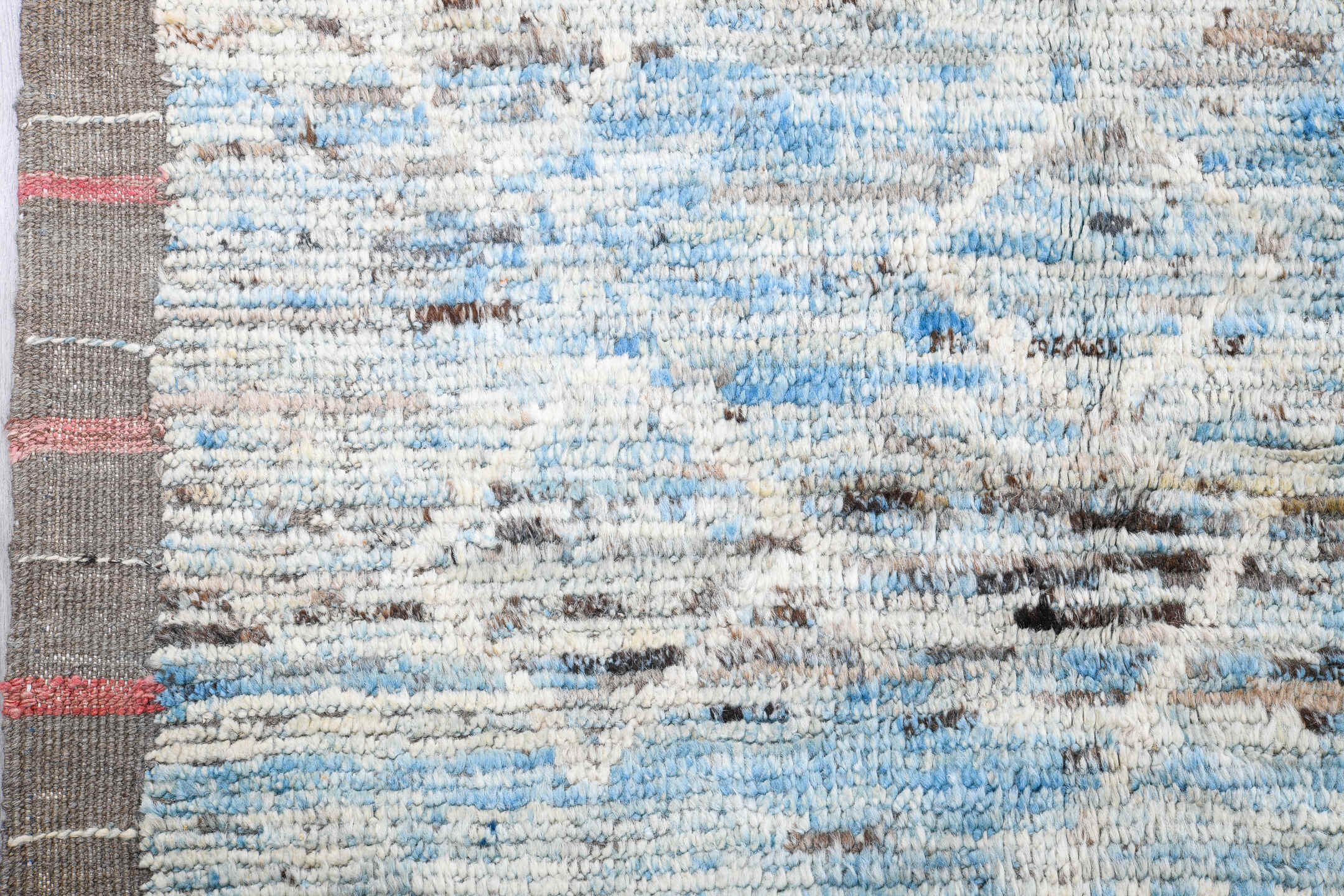 10' x 13' one-of-a-kind handmade vintage Tulu large size rug. Color palette: ivory, pale blue, taupe, light gray, camel