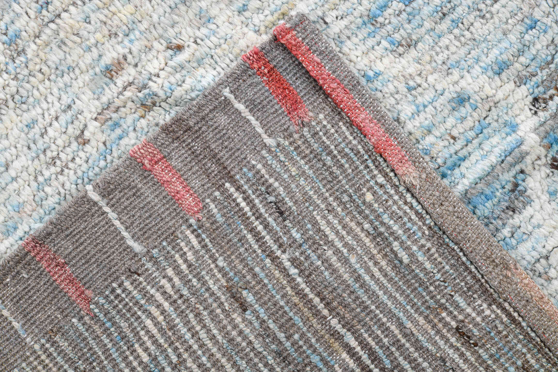 10' x 13' one-of-a-kind handmade vintage Tulu large size rug. Color palette: ivory, pale blue, taupe, light gray, camel