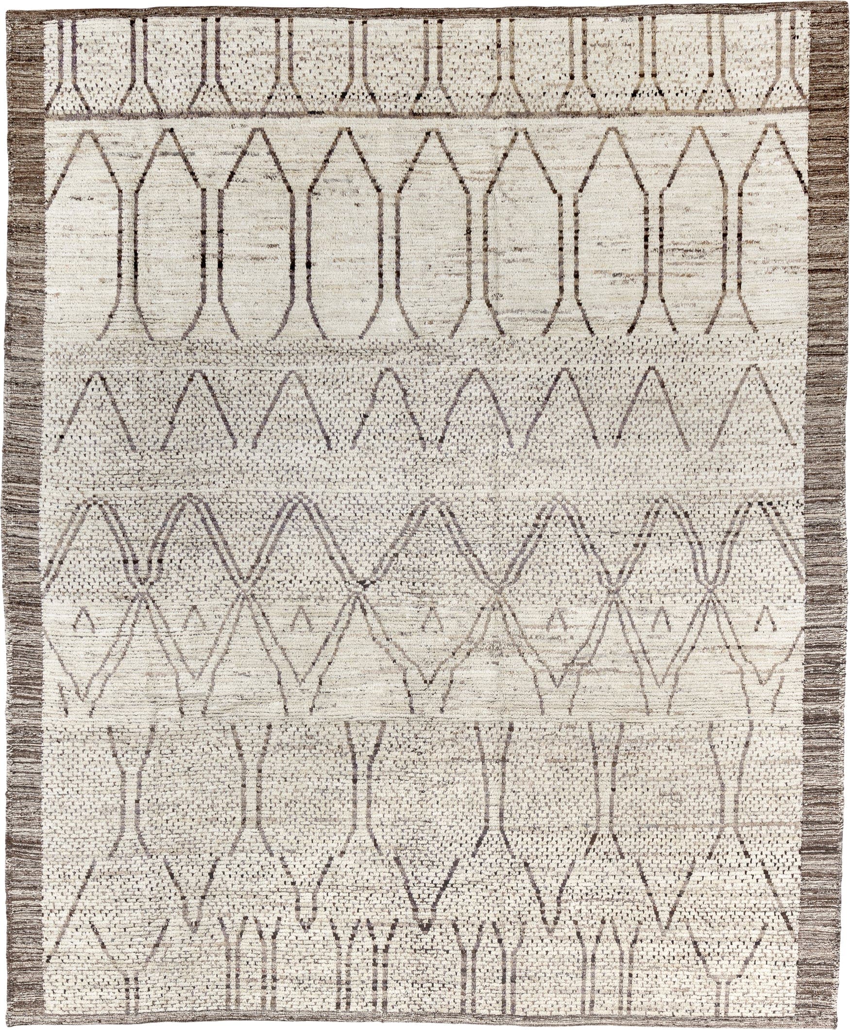 8' x 10' one-of-a-kind handmade vintage Tulu large size rug. Color palette: ivory, taupe, brown, cream, charcoal, beige