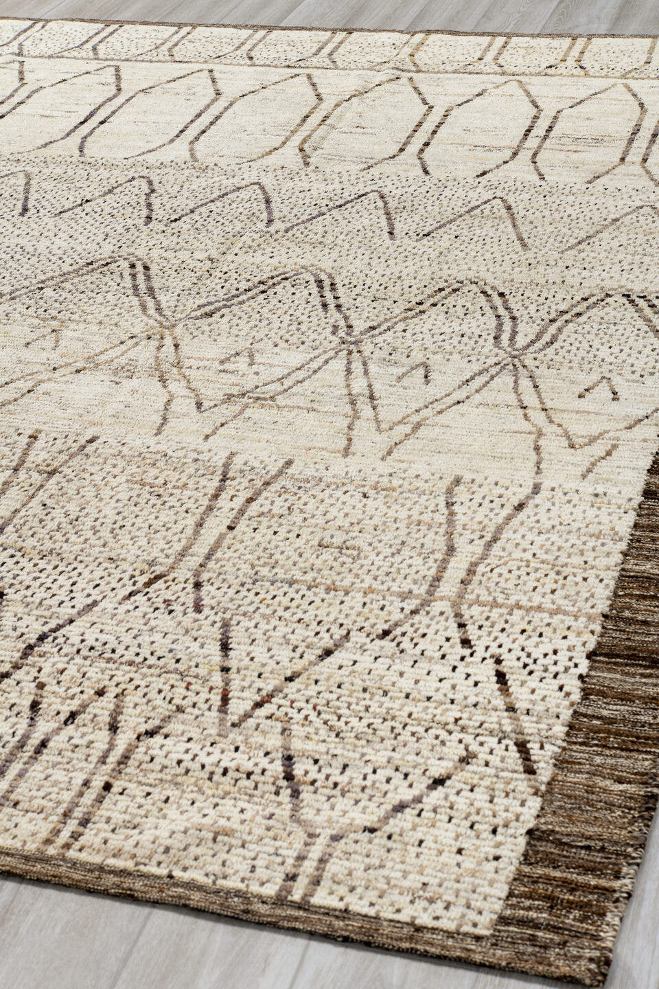 8' x 10' one-of-a-kind handmade vintage Tulu large size rug. Color palette: ivory, taupe, brown, cream, charcoal, beige