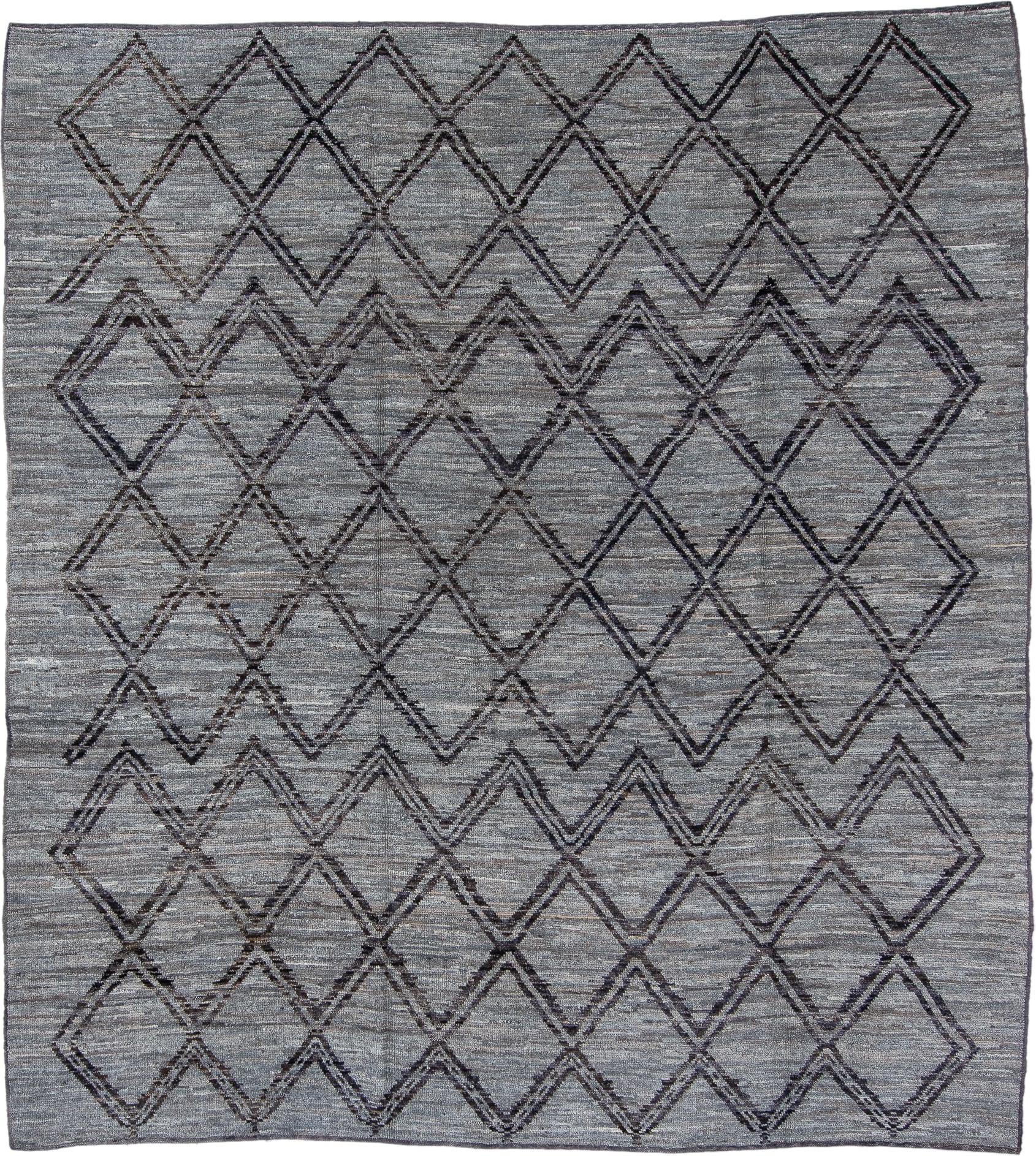 8' x 9' one-of-a-kind handmade vintage Tulu rug. Color palette: gray, charcoal, taupe, ivory, black, beige