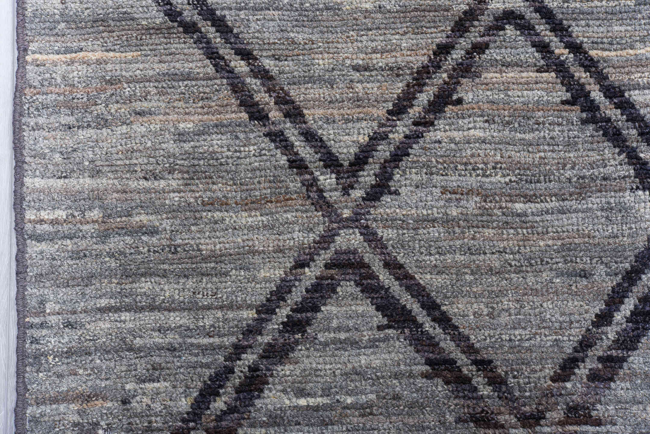 8' x 9' one-of-a-kind handmade vintage Tulu rug. Color palette: gray, charcoal, taupe, ivory, black, beige