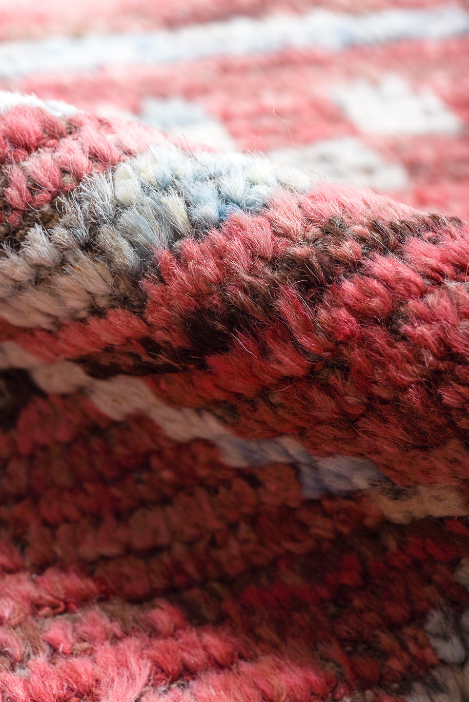 9' x 11' one-of-a-kind handmade vintage Tulu large size rug. Color palette: rose, ivory, light blue, dusty pink, taupe