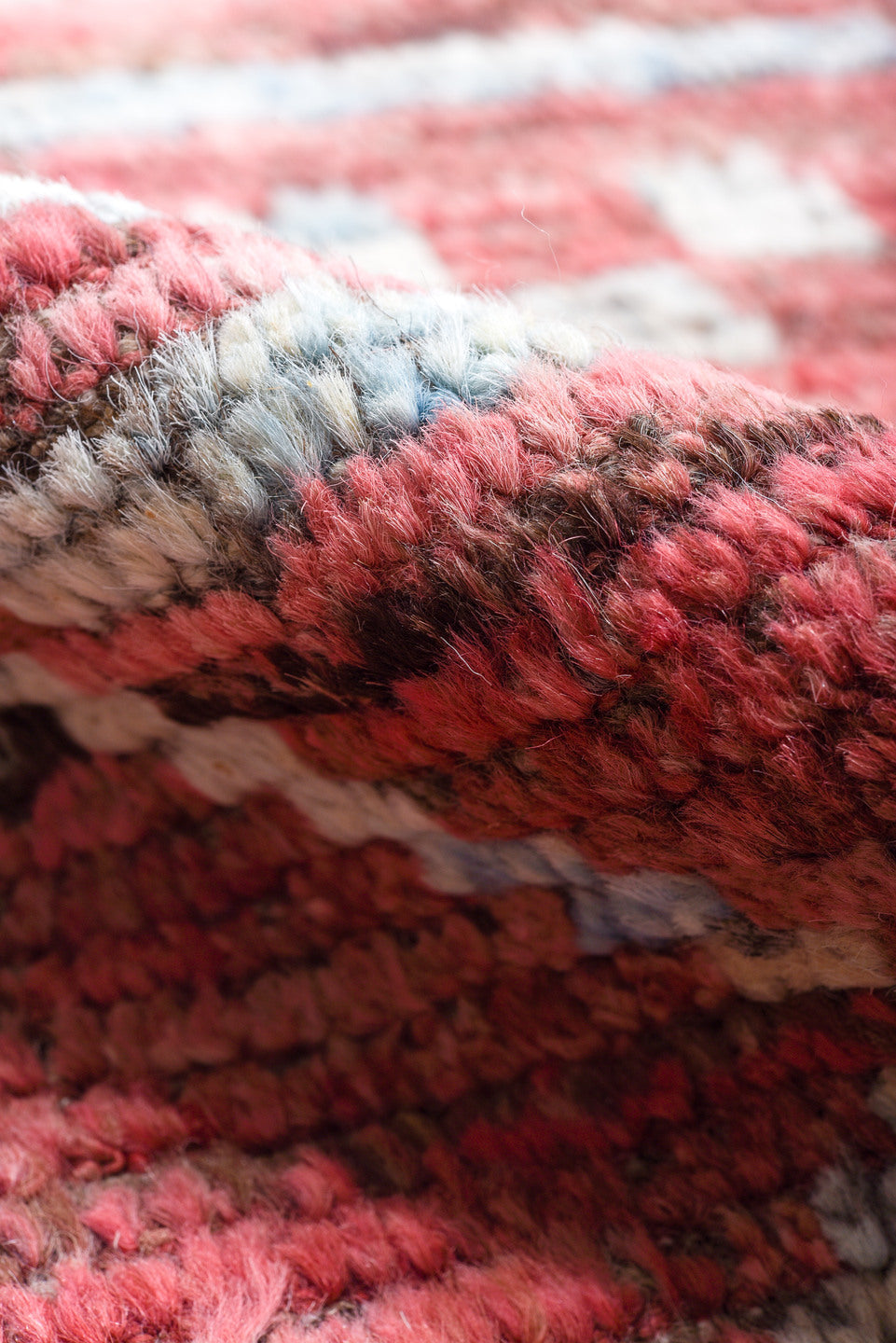 9' x 11' one-of-a-kind handmade vintage Tulu large size rug. Color palette: rose, ivory, light blue, dusty pink, taupe