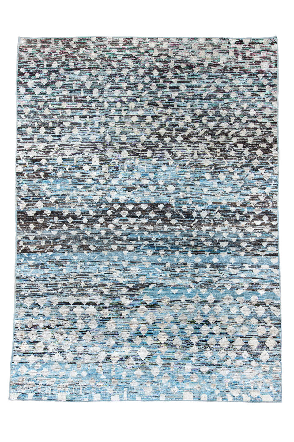 9' x 13' one-of-a-kind handmade vintage Tulu large size rug. Color palette: black, blue, dim gray, gainsboro, gray