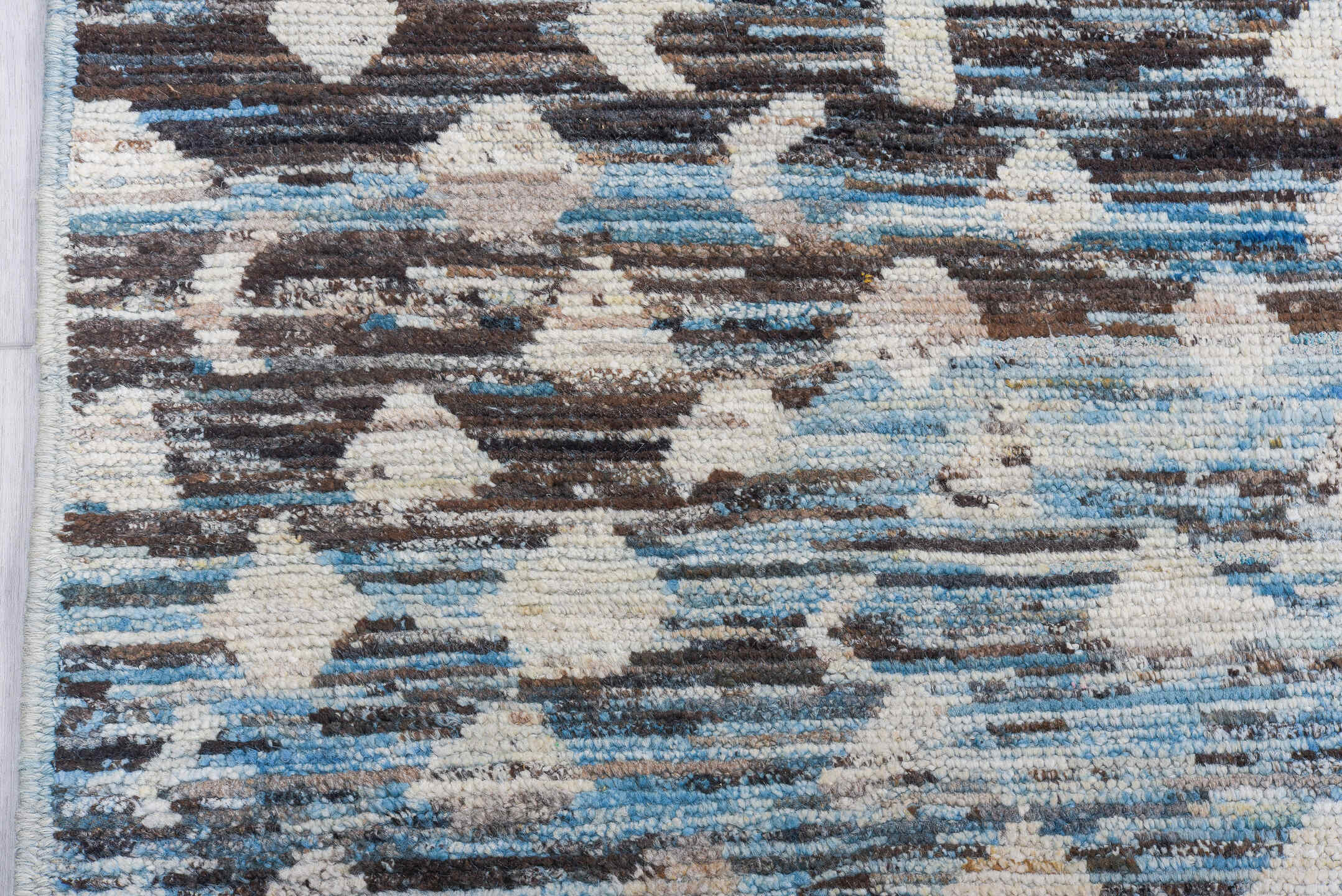 9' x 13' one-of-a-kind handmade vintage Tulu large size rug. Color palette: sky blue, ivory, charcoal, gray, slate