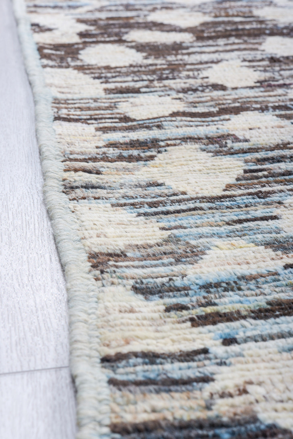 9' x 13' one-of-a-kind handmade vintage Tulu large size rug. Color palette: sky blue, ivory, charcoal, gray, slate