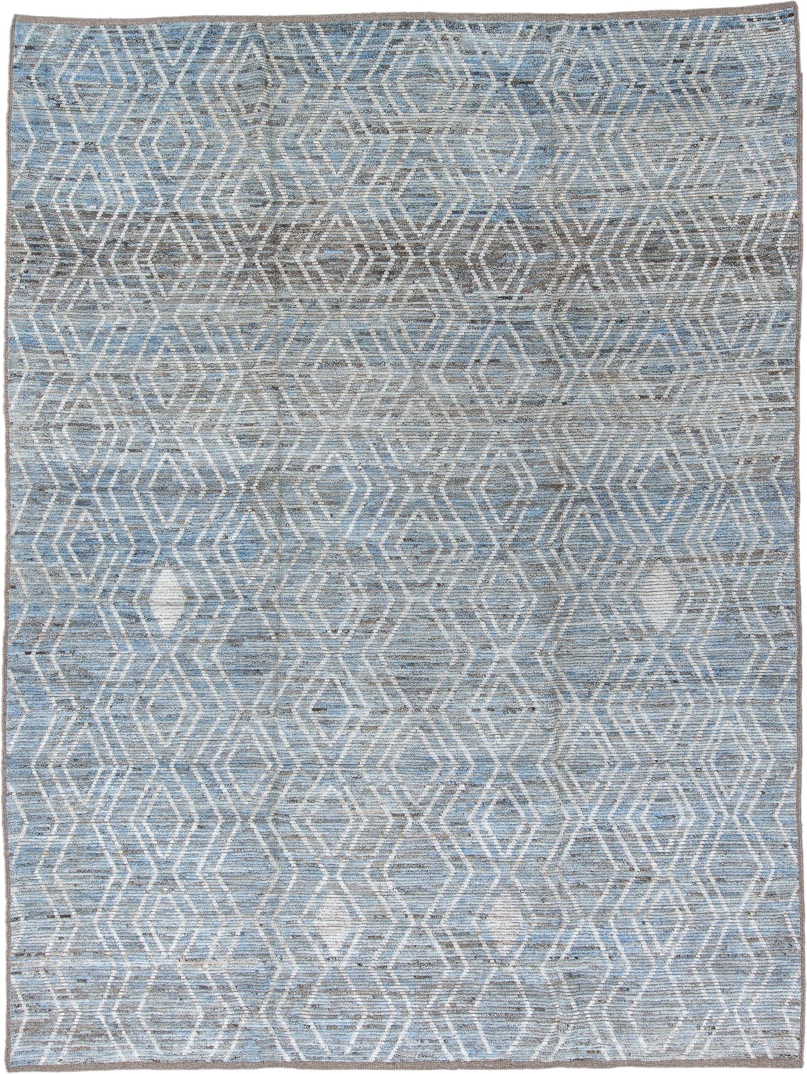 9' x 12' one-of-a-kind handmade vintage Tulu large size rug. Color palette: light blue, ivory, gray, taupe, beige