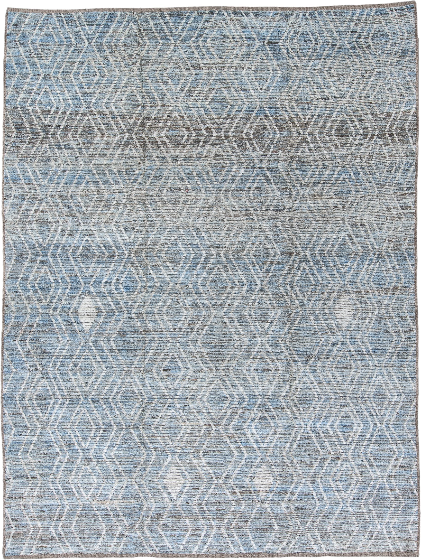 9' x 12' one-of-a-kind handmade vintage Tulu large size rug. Color palette: light blue, ivory, gray, taupe, beige