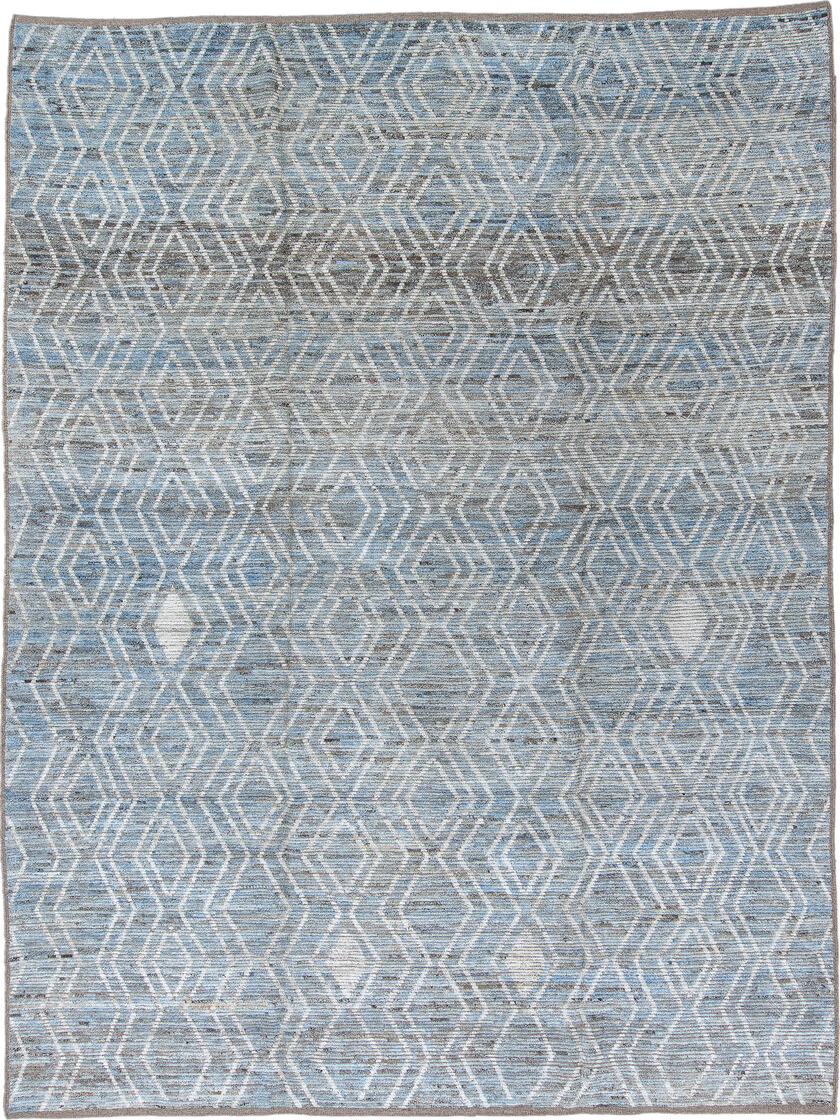 9' x 12' one-of-a-kind handmade vintage Tulu large size rug. Color palette: blue, dim gray, gainsboro, gray, light blue