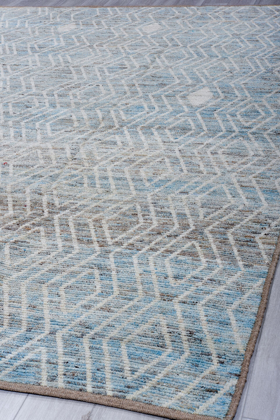 9' x 12' one-of-a-kind handmade vintage Tulu large size rug. Color palette: light blue, ivory, gray, taupe, beige