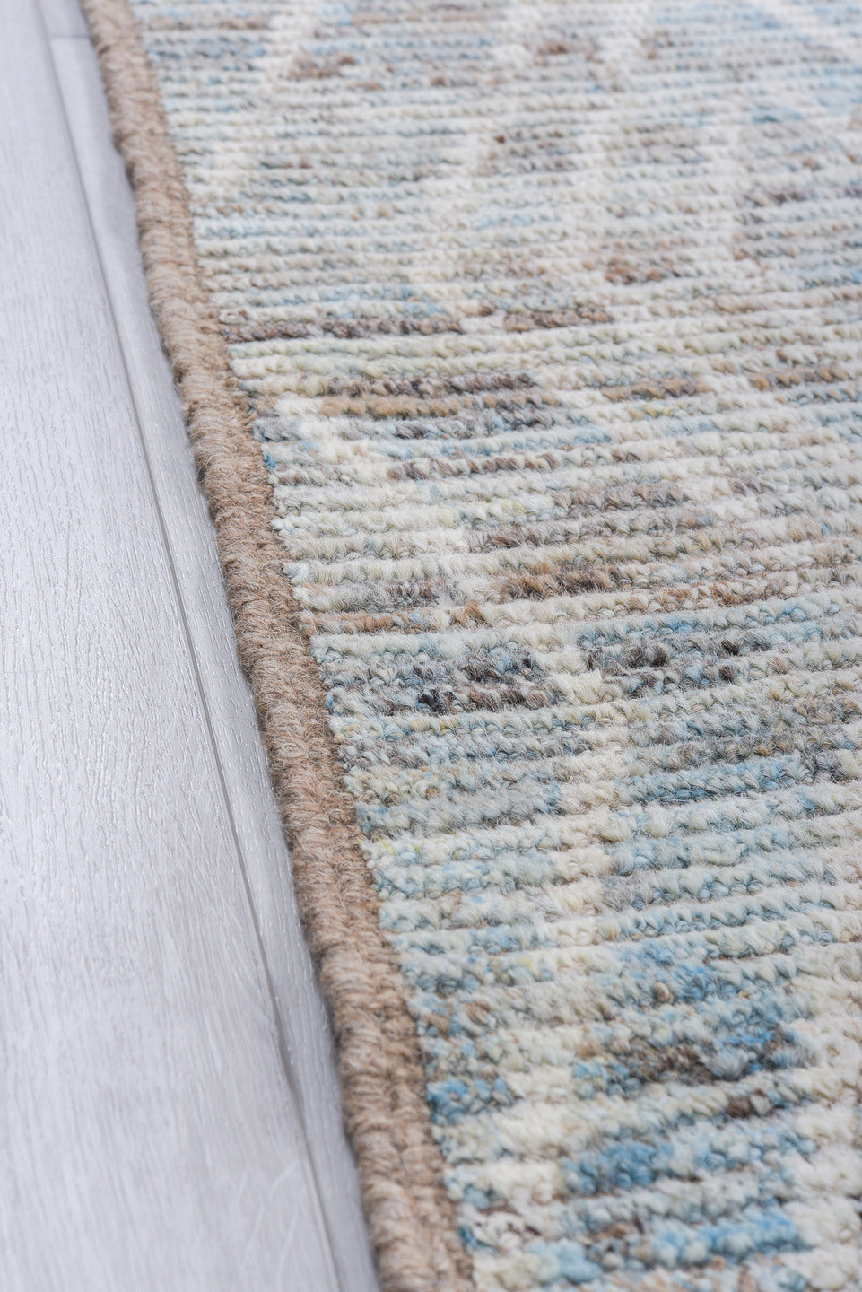 9' x 12' one-of-a-kind handmade vintage Tulu large size rug. Color palette: light blue, ivory, gray, taupe, beige