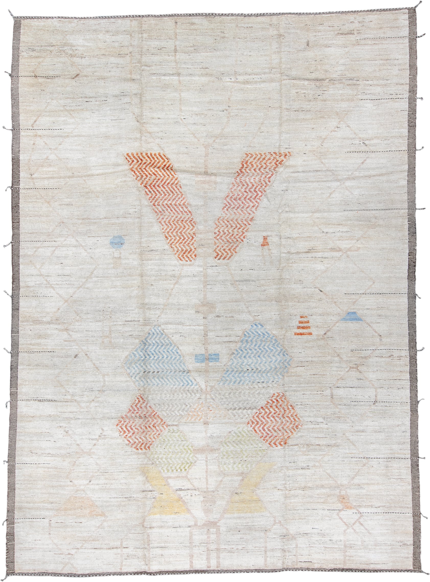 10' x 14' one-of-a-kind handmade vintage Tulu large size rug. Color palette: ivory, taupe, apricot, pale blue, butter yellow