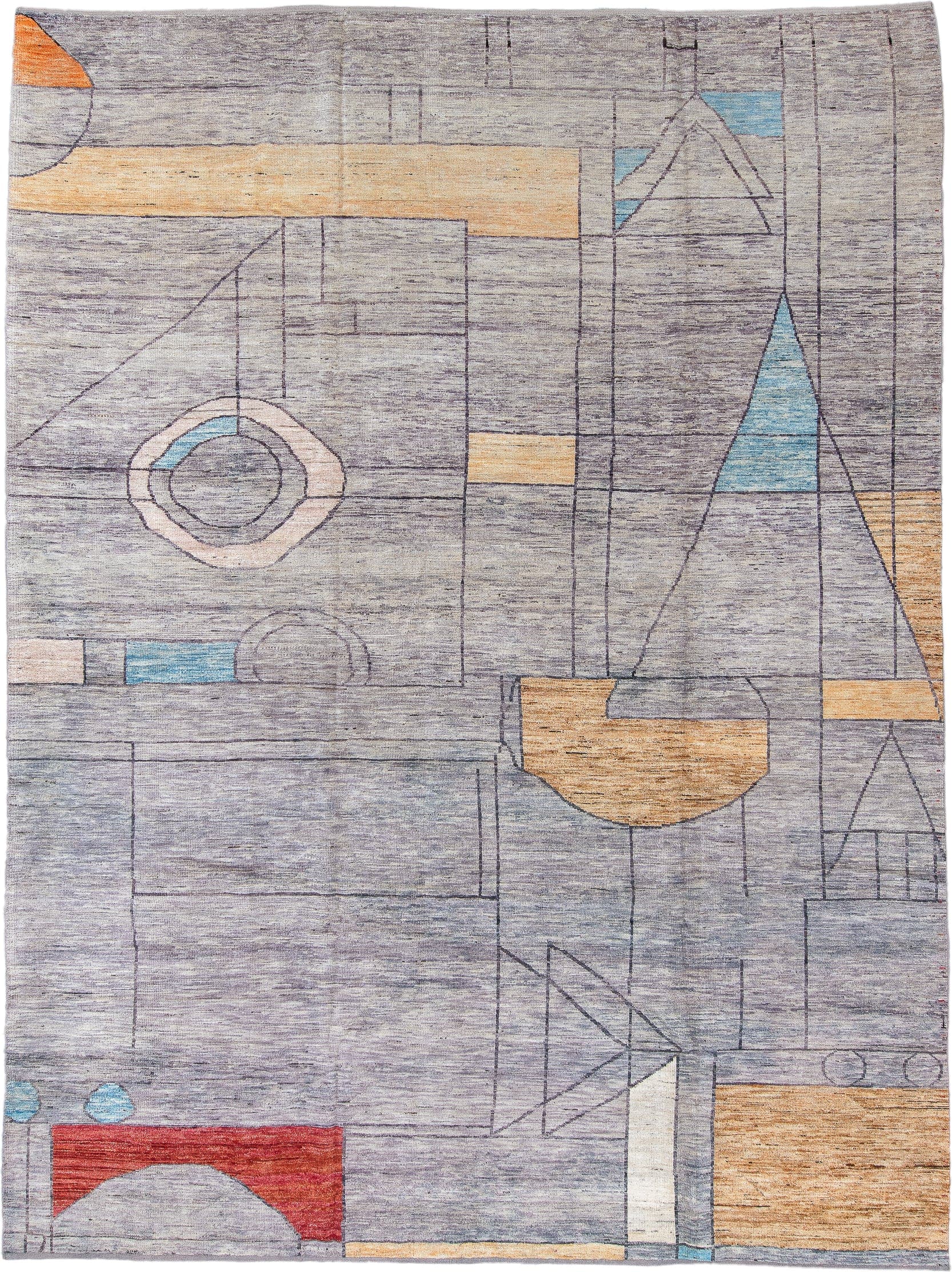 9' x 12' one-of-a-kind handmade vintage Tulu large size rug. Color palette: lavender gray, saffron, sky blue, ivory, crimson