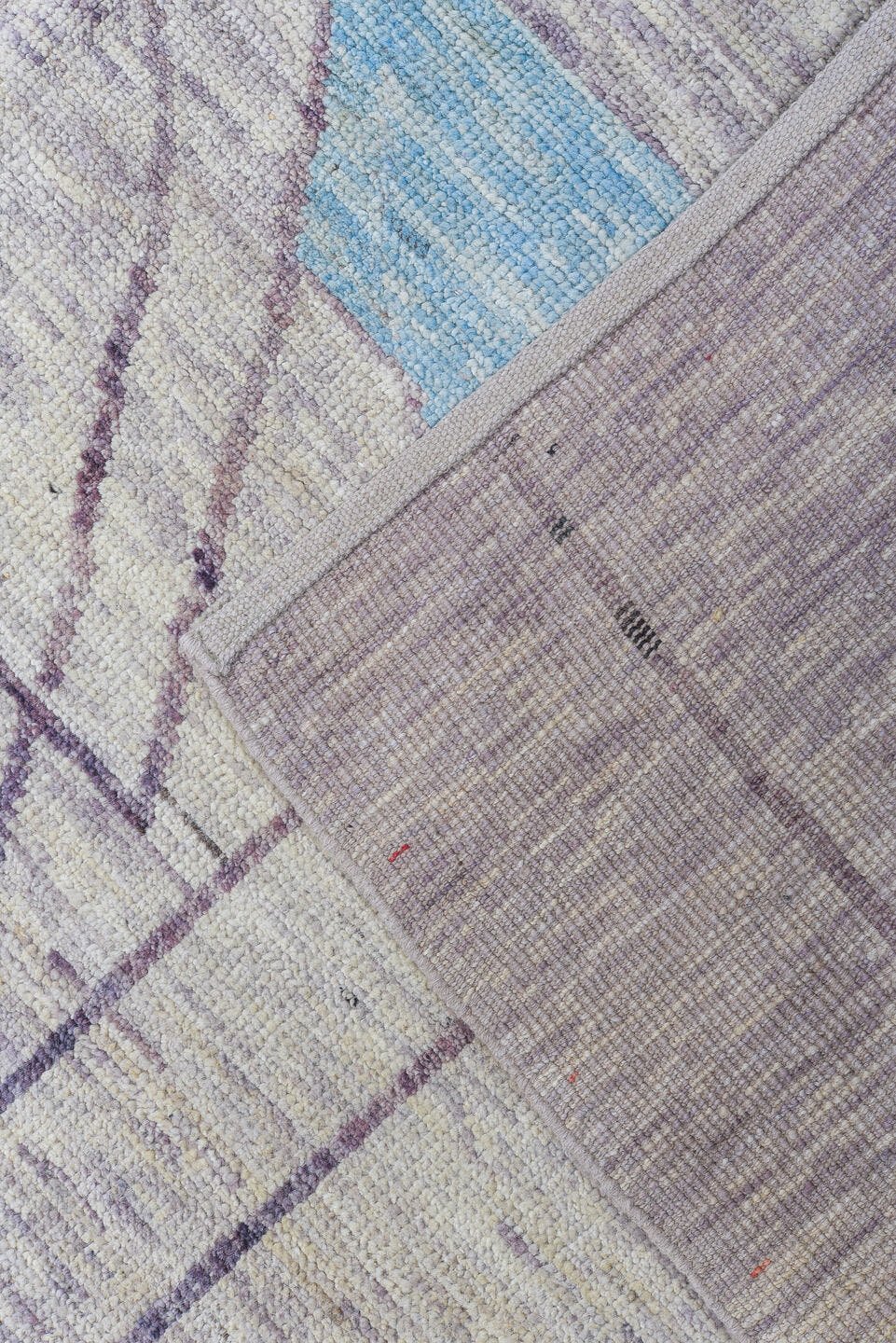 9' x 12' one-of-a-kind handmade vintage Tulu large size rug. Color palette: lavender gray, saffron, sky blue, ivory, crimson