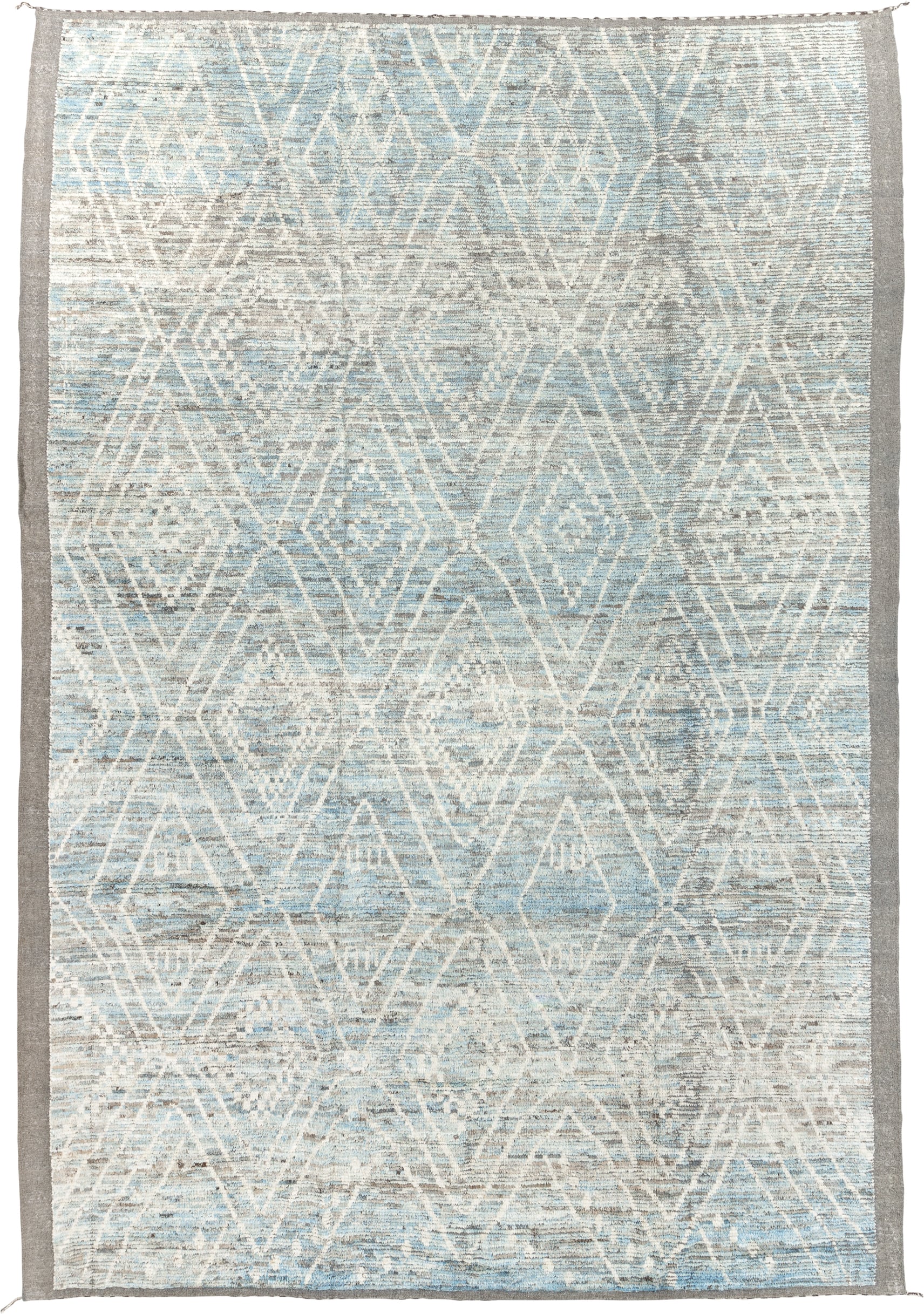 9' x 14' one-of-a-kind handmade vintage Tulu large size rug. Color palette: ivory, ice blue, taupe, silver gray, pale blue