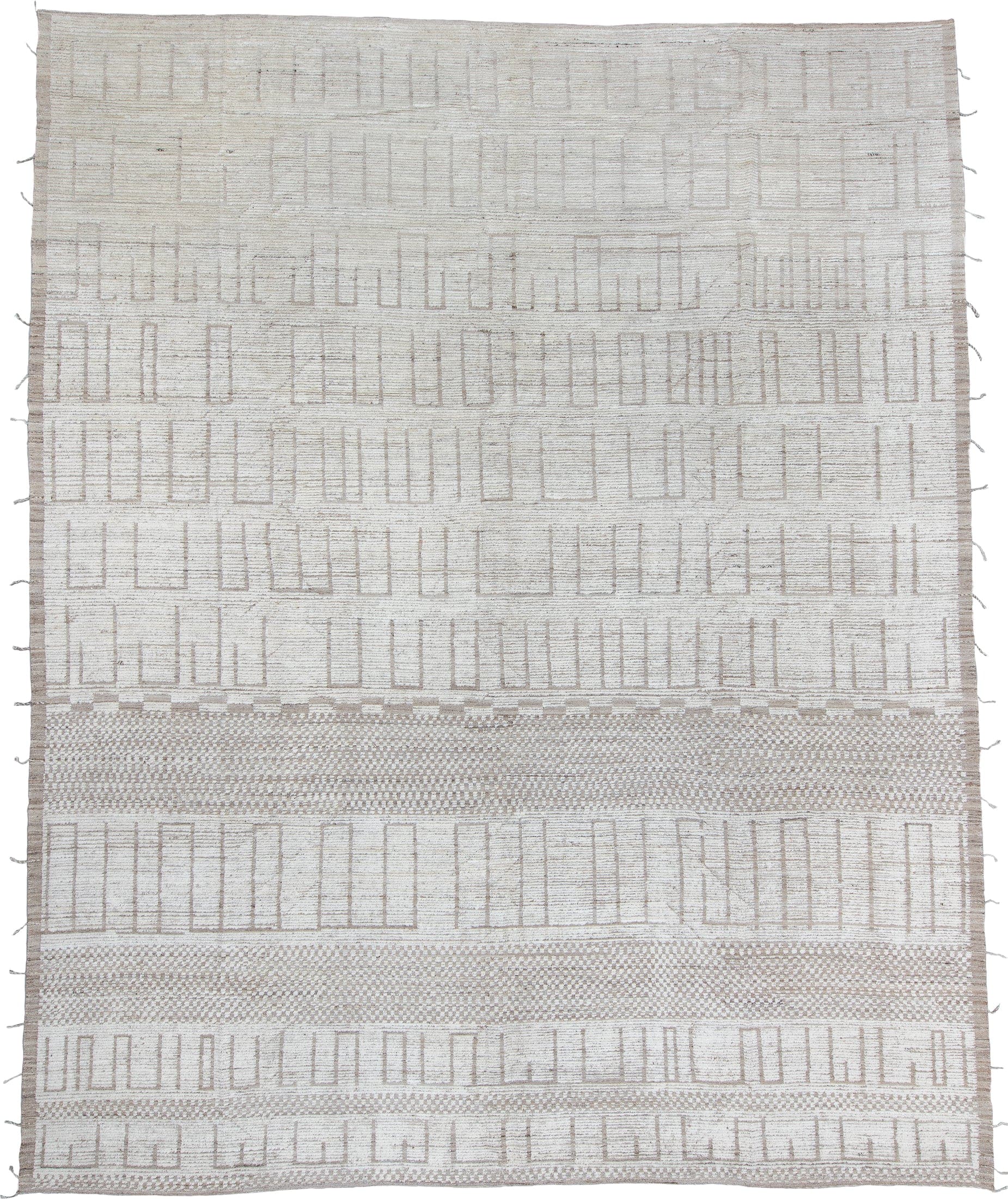 12' x 14' one-of-a-kind handmade vintage Tulu oversize rug. Color palette: ivory, taupe, cream, beige, light brown, gray
