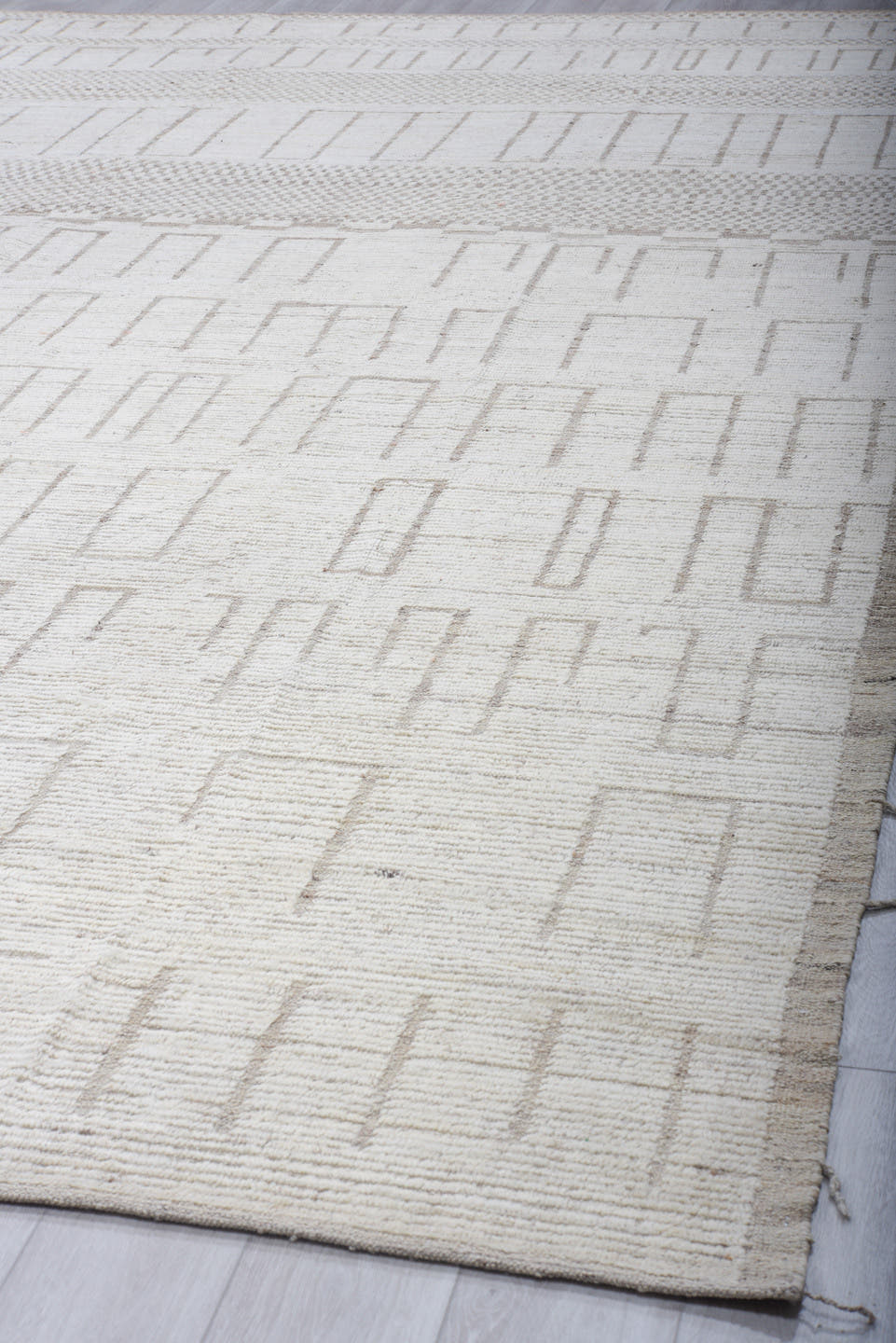 12' x 14' one-of-a-kind handmade vintage Tulu oversize rug. Color palette: ivory, taupe, cream, beige, light brown, gray