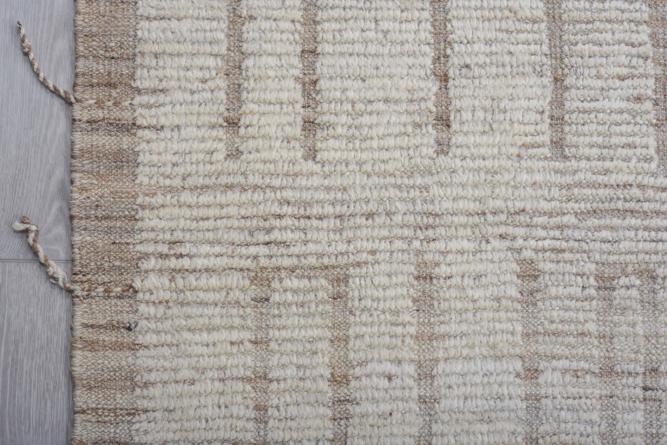 12' x 14' one-of-a-kind handmade vintage Tulu oversize rug. Color palette: ivory, taupe, cream, beige, light brown, gray