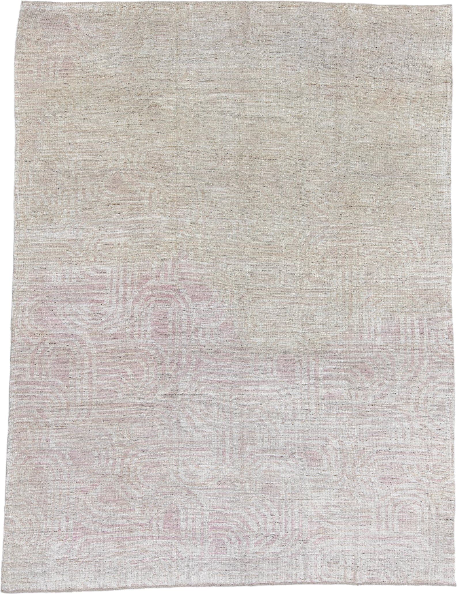 9' x 12' one-of-a-kind handmade vintage Tulu large size rug. Color palette: ivory, blush, taupe, cream, pale rose, beige