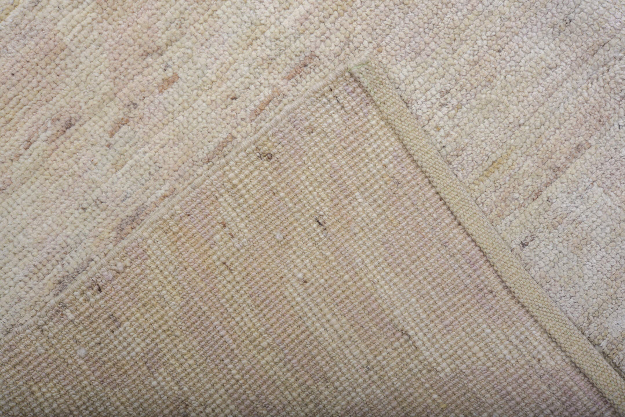 9' x 12' one-of-a-kind handmade vintage Tulu large size rug. Color palette: ivory, blush, taupe, cream, pale rose, beige