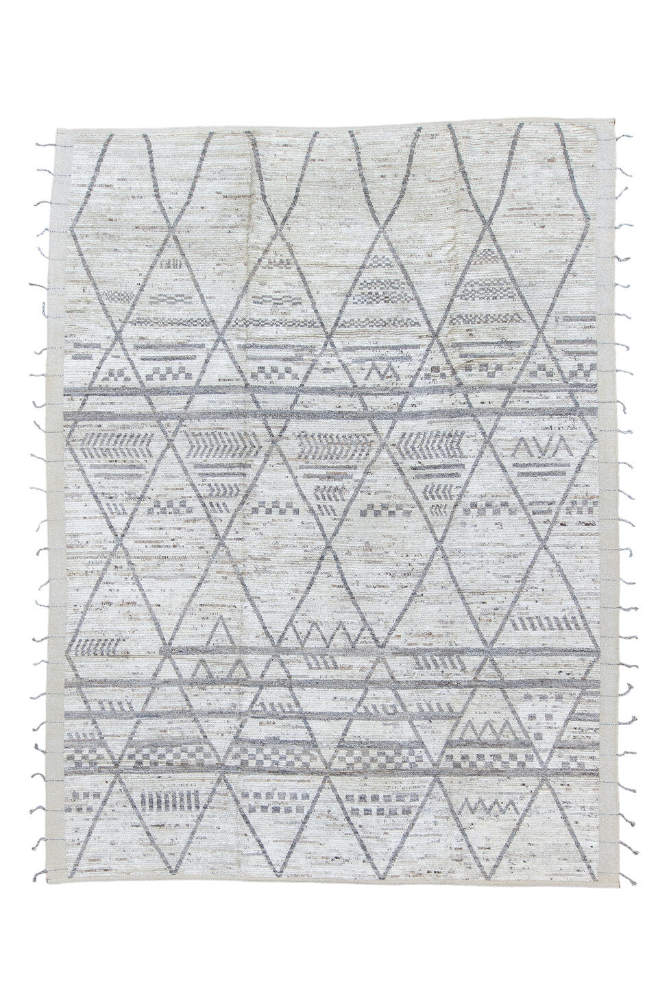 9' x 12' one-of-a-kind handmade vintage Tulu large size rug. Color palette: black, charcoal, dark gray, dim gray, gainsboro