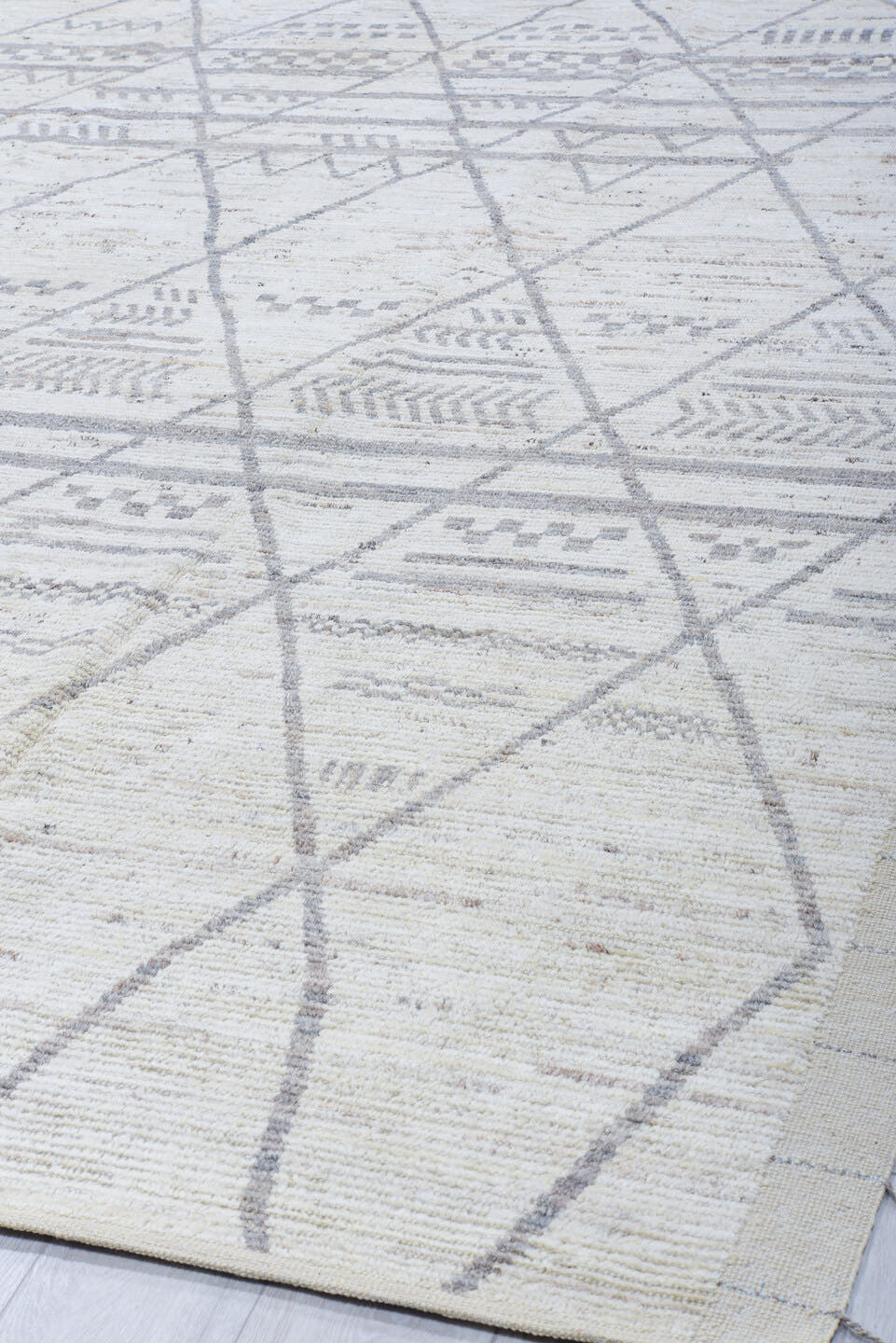 9' x 12' one-of-a-kind handmade vintage Tulu large size rug. Color palette: ivory, gray, taupe, cream, beige