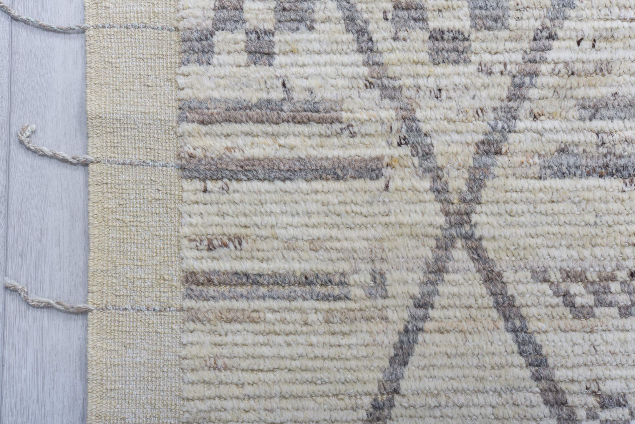 9' x 12' one-of-a-kind handmade vintage Tulu large size rug. Color palette: ivory, gray, taupe, cream, beige