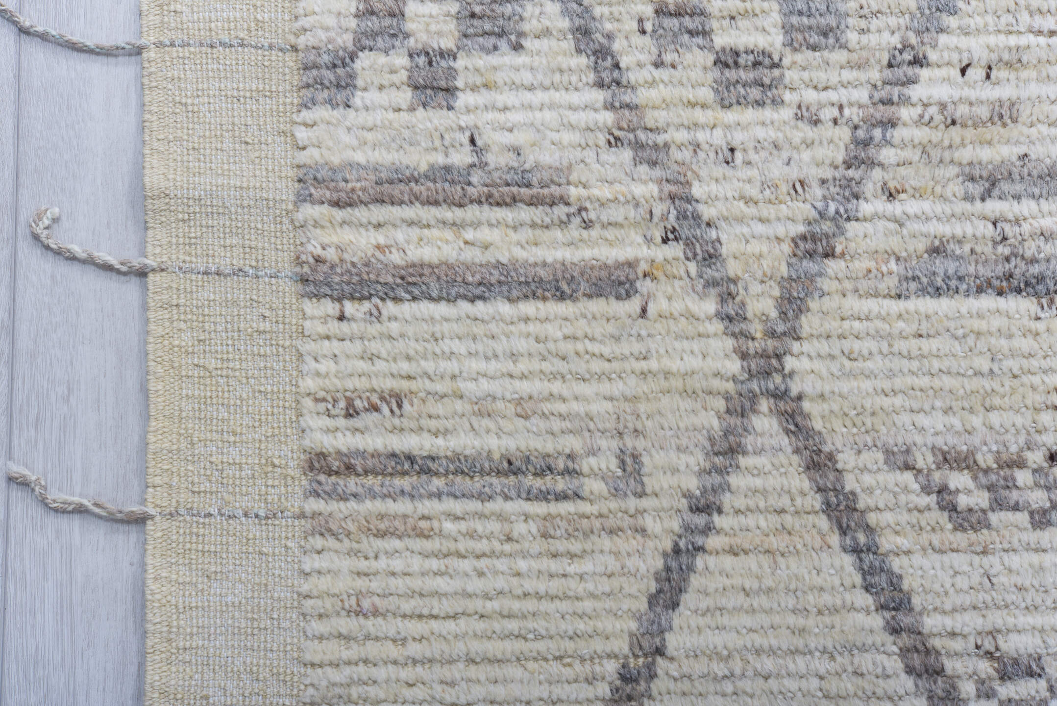 9' x 12' one-of-a-kind handmade vintage Tulu large size rug. Color palette: ivory, gray, taupe, cream, beige